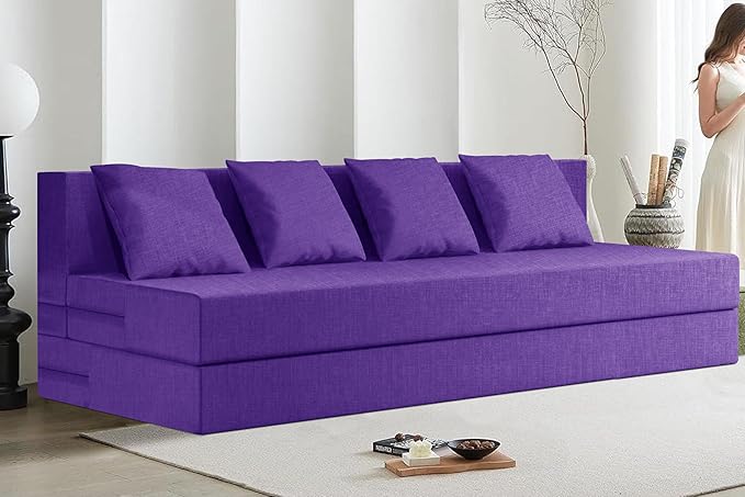 Rosebell Lightweight Easy Four-Person Sofa Cum Bed Jute Fabric- Washable Cover- Including Cushion - Size 6' X 6' Ft | Color - Purple | Perfect for Home & Office for Guests