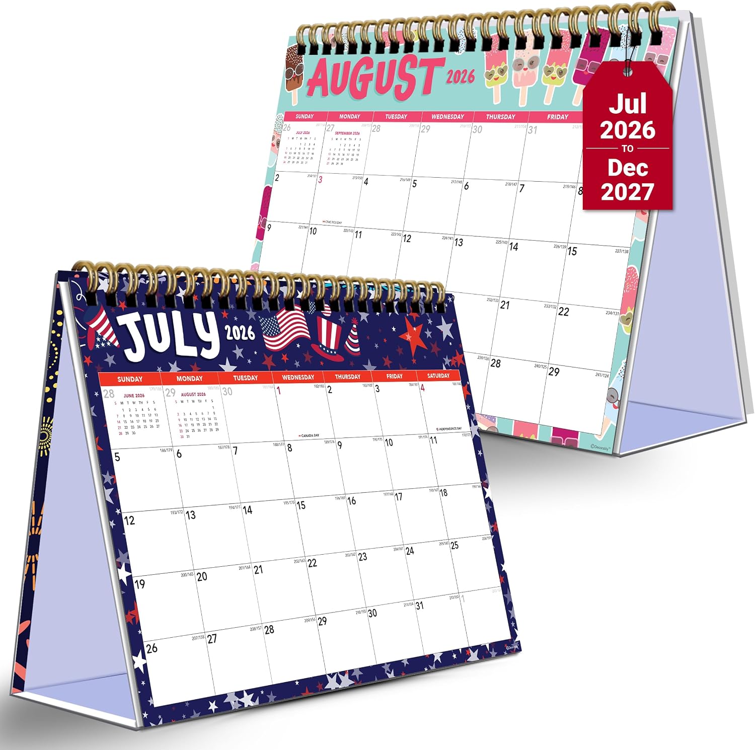 Decorably 18 Months Colorful Assorted Standing Small Desk Calendar 2026-2027 July 2026 to December 2027, 8x6in Spring-Bound Sheets with Stickers for Office, Home & School