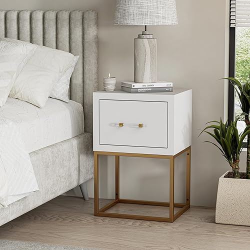 Miniatura 7 de LONYKE Juego de 2 mesitas de noche modernas de 1 cajón, mesa auxiliar minimalista con amplio cajón de almacenamiento y patas de metal dorado, para