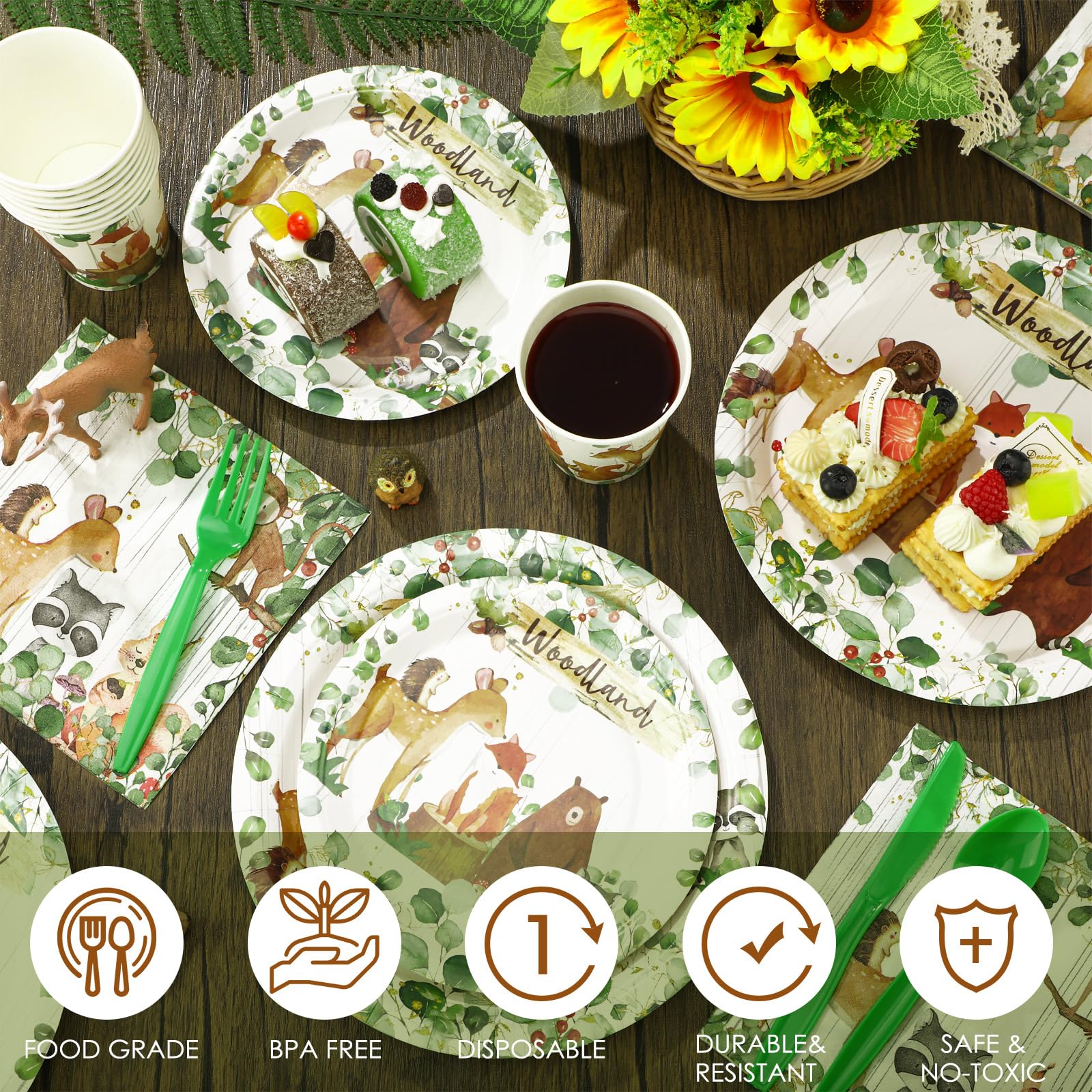 Dandat 350 Pcs Baby Shower Plates Set Baby Shower Party Supplies Serves 50 Tableware Sets Include Plates Napkin Cup Forks Knives Spoons Disposable Dinnerware for Boy Girl Baby Shower(Woodland)