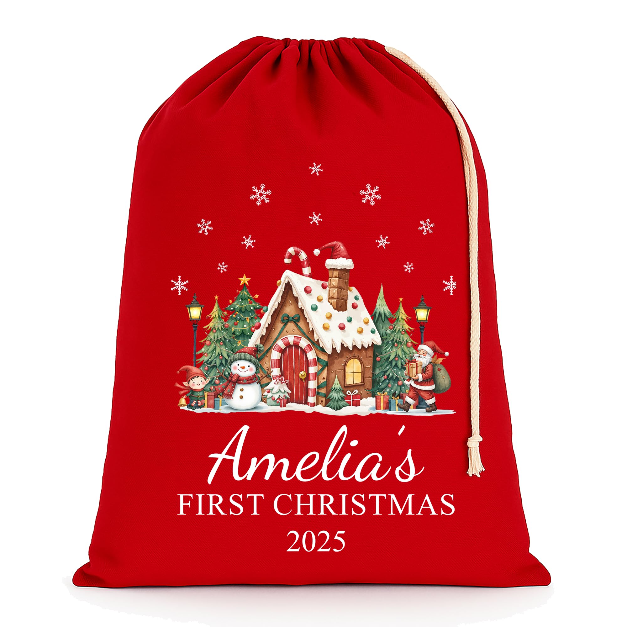 Chicken Craft Personalised Baby's First Christmas Santa Sack with Custom Name - Red - My 1st Xmas Keepsake Gift for Boys or Girls (Festive House, Medium)