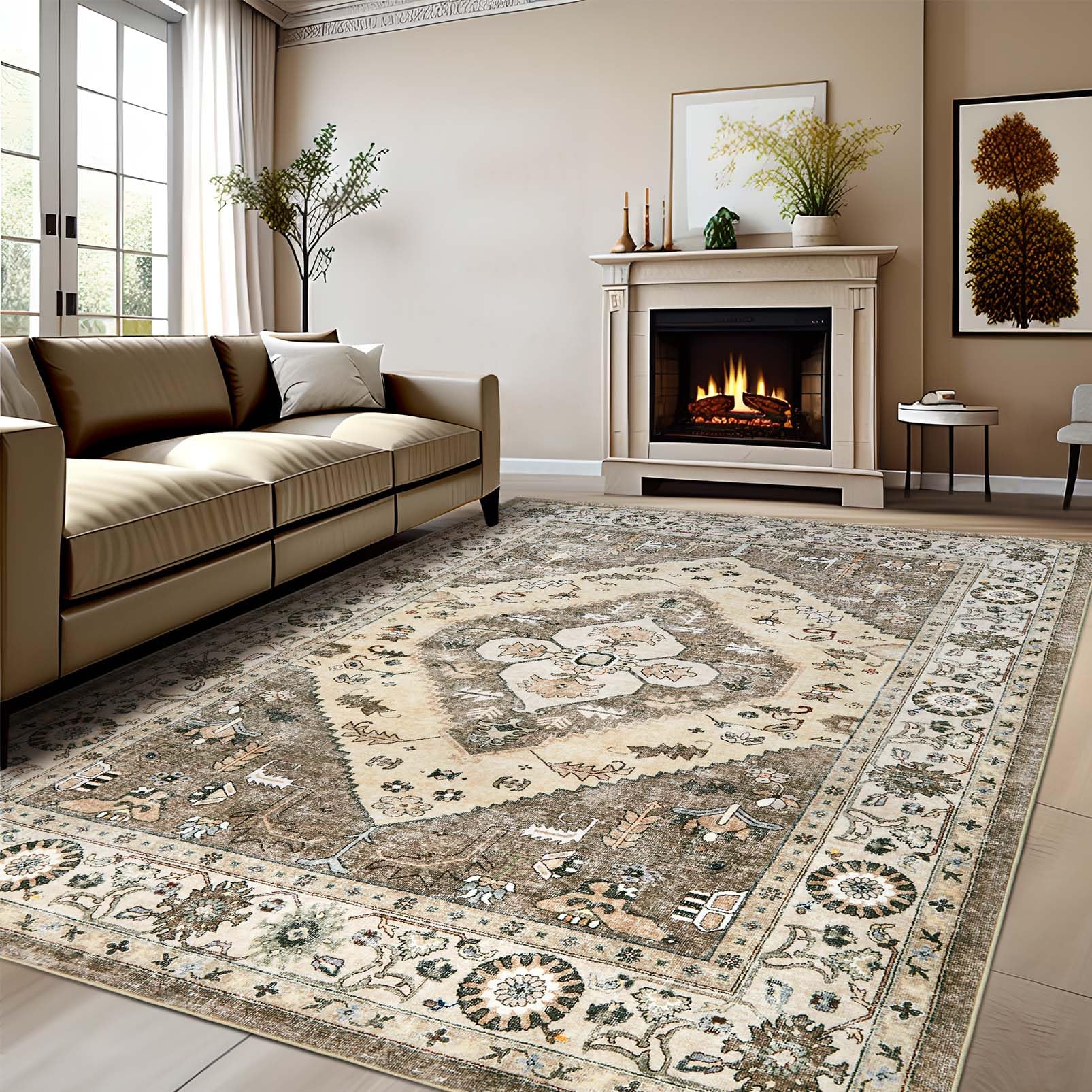 Washable Living Room Area Rugs - 8x10 Large Soft Machine Washable Non-Slip Low Pile Area Rugs, Vintage Boho Oriental Neutral Bohemian Carpet for Bedroom Dining Room Dorm Office Decor Brown/Beige