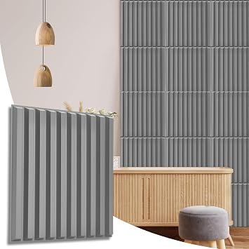 NOVECRAFTO Fluted Line Effect 3D Wall Panels - Pack of 8 Sheets 21.53 sq ft 2 sqm - Decorative Cladding Panel Size 19.6"x19.6" 50x50cm - PVC Wall Panelling Fluted Line Design in Matte Grey