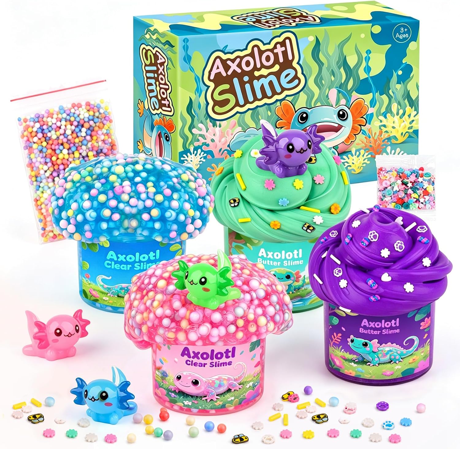 4 Pack Axolotl Slime Kit, Butter & Clear, Slime Party Favors for Kids with Axolotl Charms, Soft and Stretchy, Pink Blue Purple Green Slime for Girls & Boys 4-12