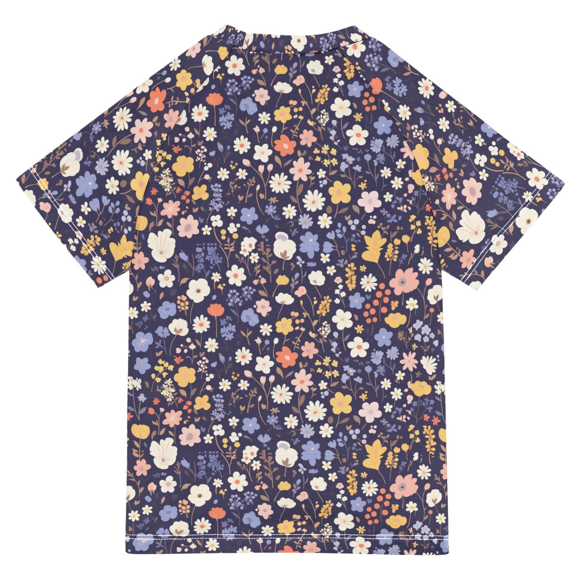 Flower Dark Blue Kids Bathing Suits Girls Sun Protection T Shirts Swimwear Beach Tops 3T