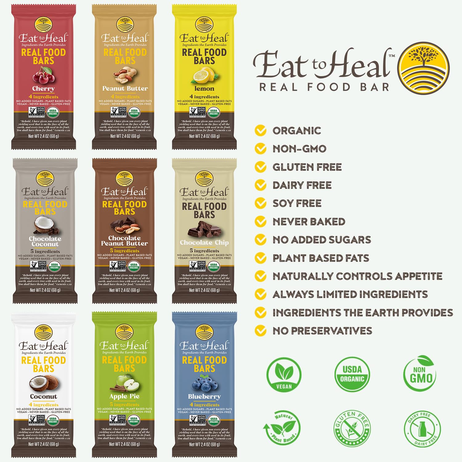 EatToHeal Coconut Real Food Bar - Organic Vegan Healthy Gluten Free Protein Bars - Low Sugar Meal Replacement Bar, Non GMO, Never Baked, Plant Based - Crafted to Enjoy, Not Sit on Shelves