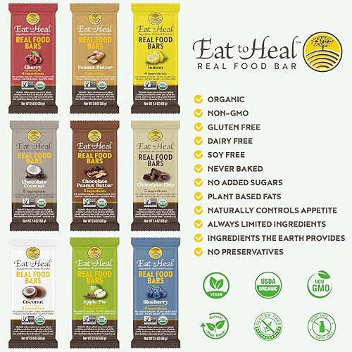 Miniatura 6 de EatToHeal Barra de alimentos reales con chispas de chocolate, orgánicas, veganas, saludables y sin gluten, barra de reemplazo de comidas bajas en