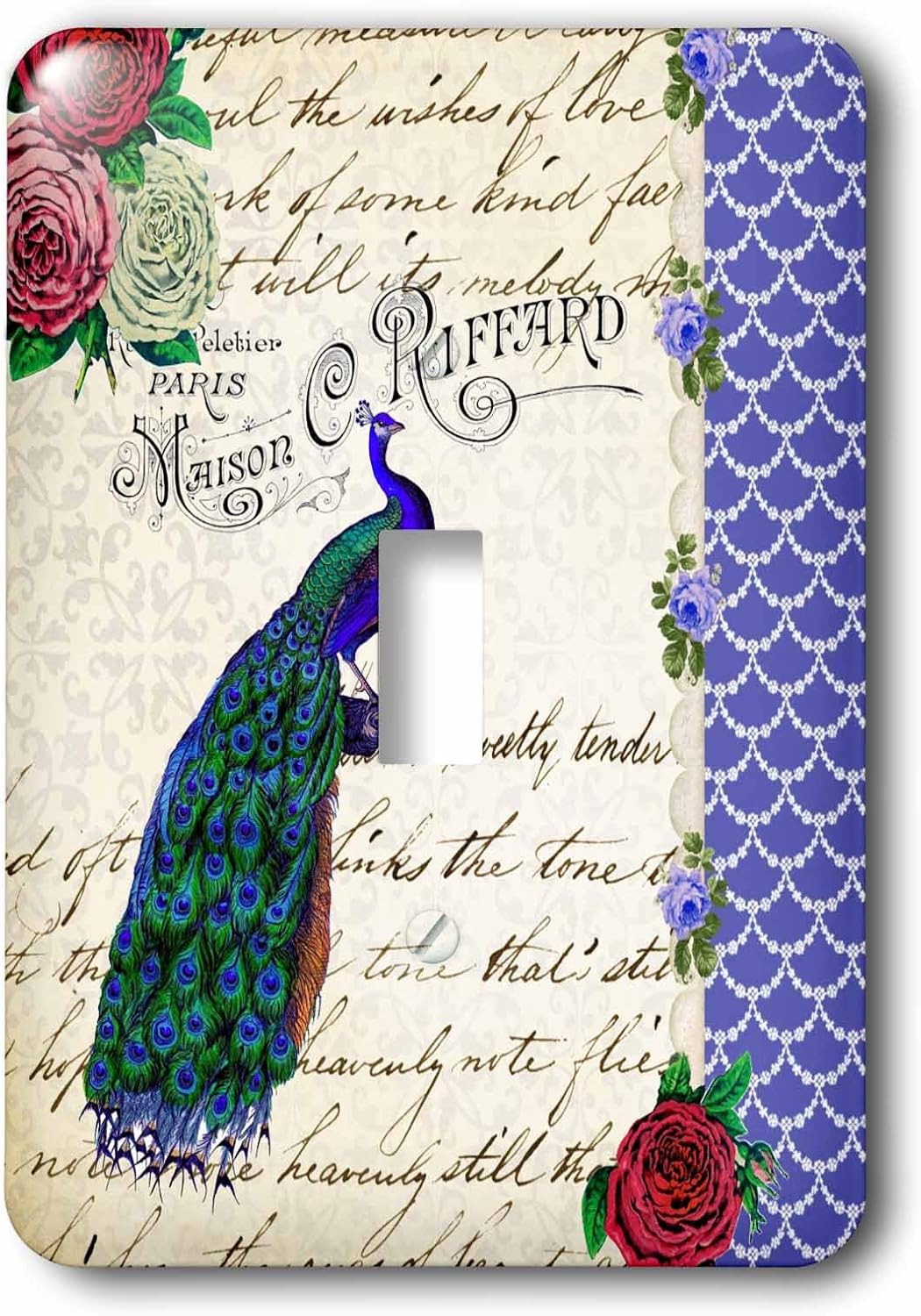 3dRose Vintage Peacock on cream - Red Roses Flowers - Royal Blue - Fancy stylish elegant handwriting text single toggle switch