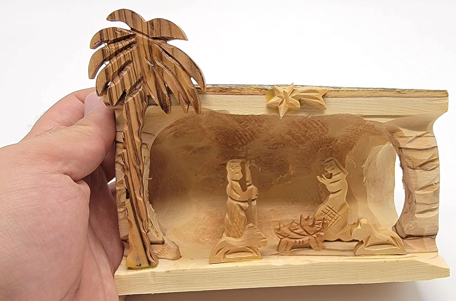 Zuluf Olive Wood Bark Christmas Nativity | Religious Holy Family Nativity Scene Hand Made from Israel