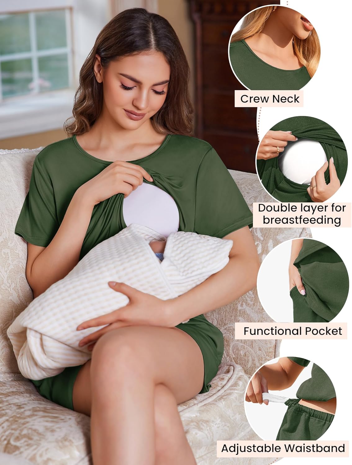 Ekouaer 2 Pack Women's Nursing Pajamas Set Double Layer Maternity Pjs Postpartum Loungewear Set Breastfeeding Tops & Shorts - Image 4