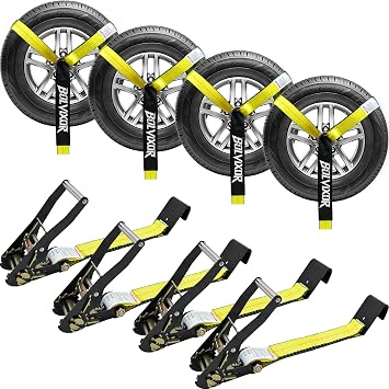4 Pack Car Tie Down Straps for Trailers - 2" x 96" - 9900LBS Break Strength - Heavy Duty Tire Ratchet Straps with Flat Hooks for Hauling UTV, SUV, Truck, Any Cars