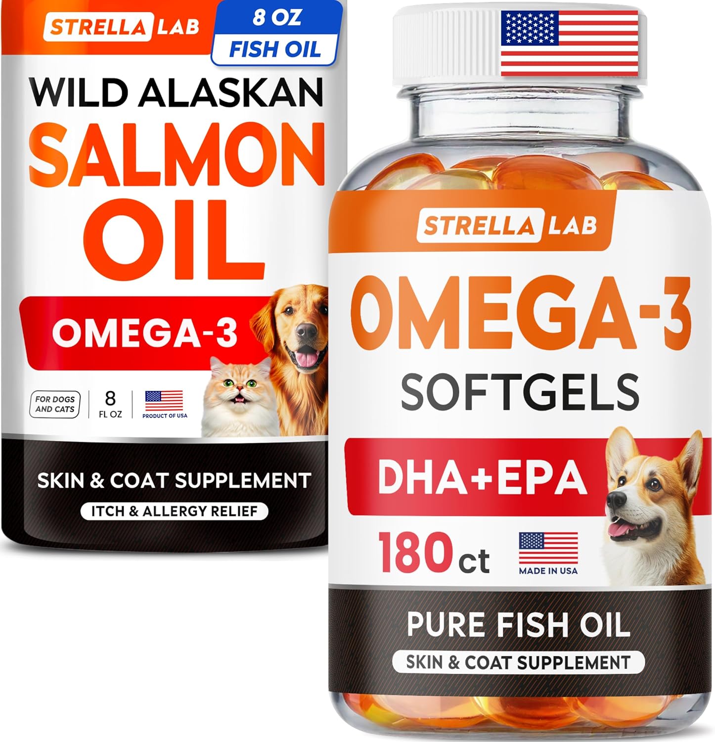 STRELLALAB Omega 3 Salmon Oil + Softgels Bundle – Skin, Coat & Itch Relief + Joint & Heart Support – EPA & DHA Fatty Acids – 8 Fl Oz Liquid + 180 Softgels – Reduce Shedding – Made in USA