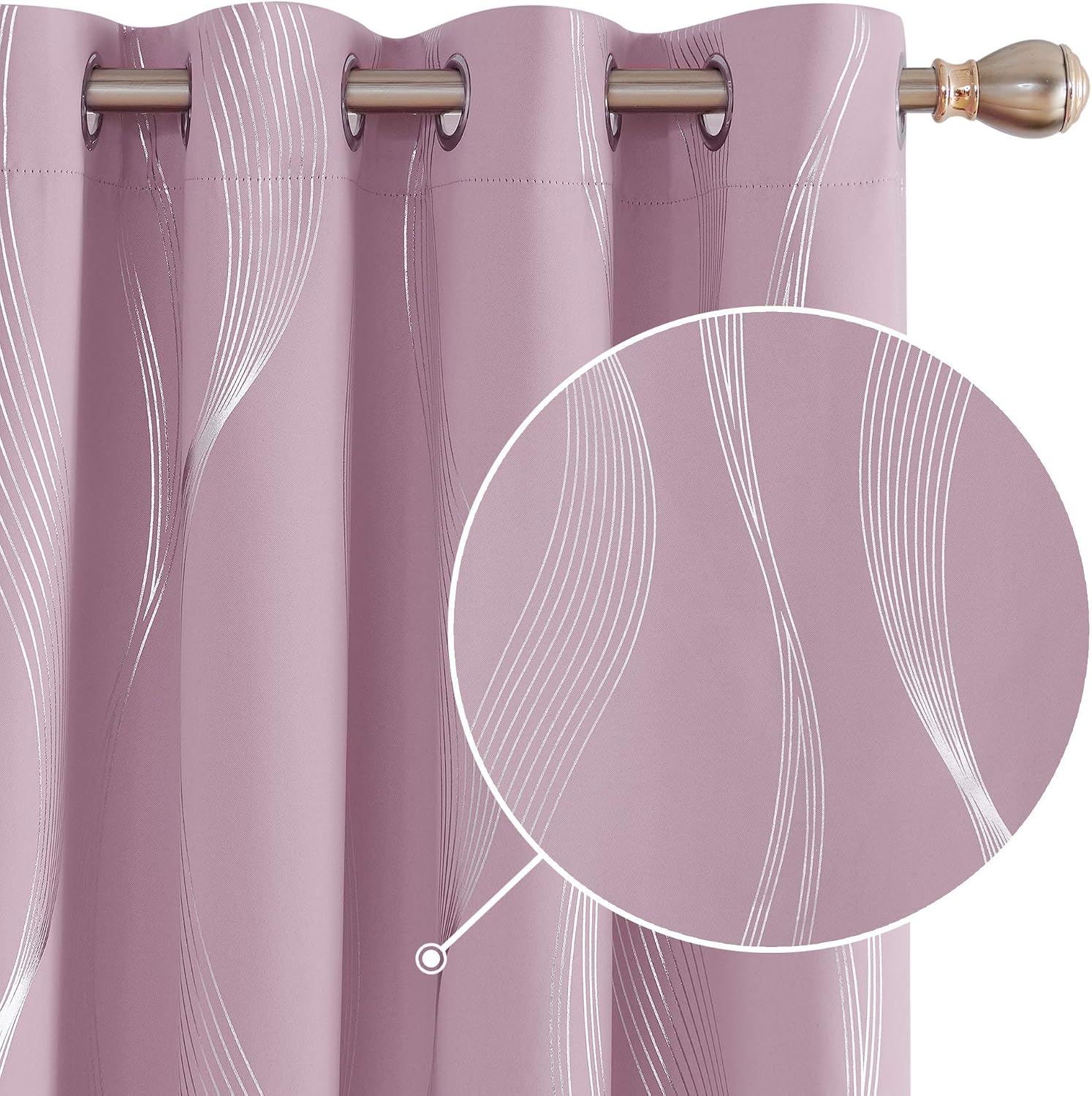 Deconovo Decorative Silver Wave Line Foil Printed Blackout Curtains Thermal Insulated Curtains Eyelet Curtains for Baby Nursery 46 x 90 Inch Light Pink Two Panels