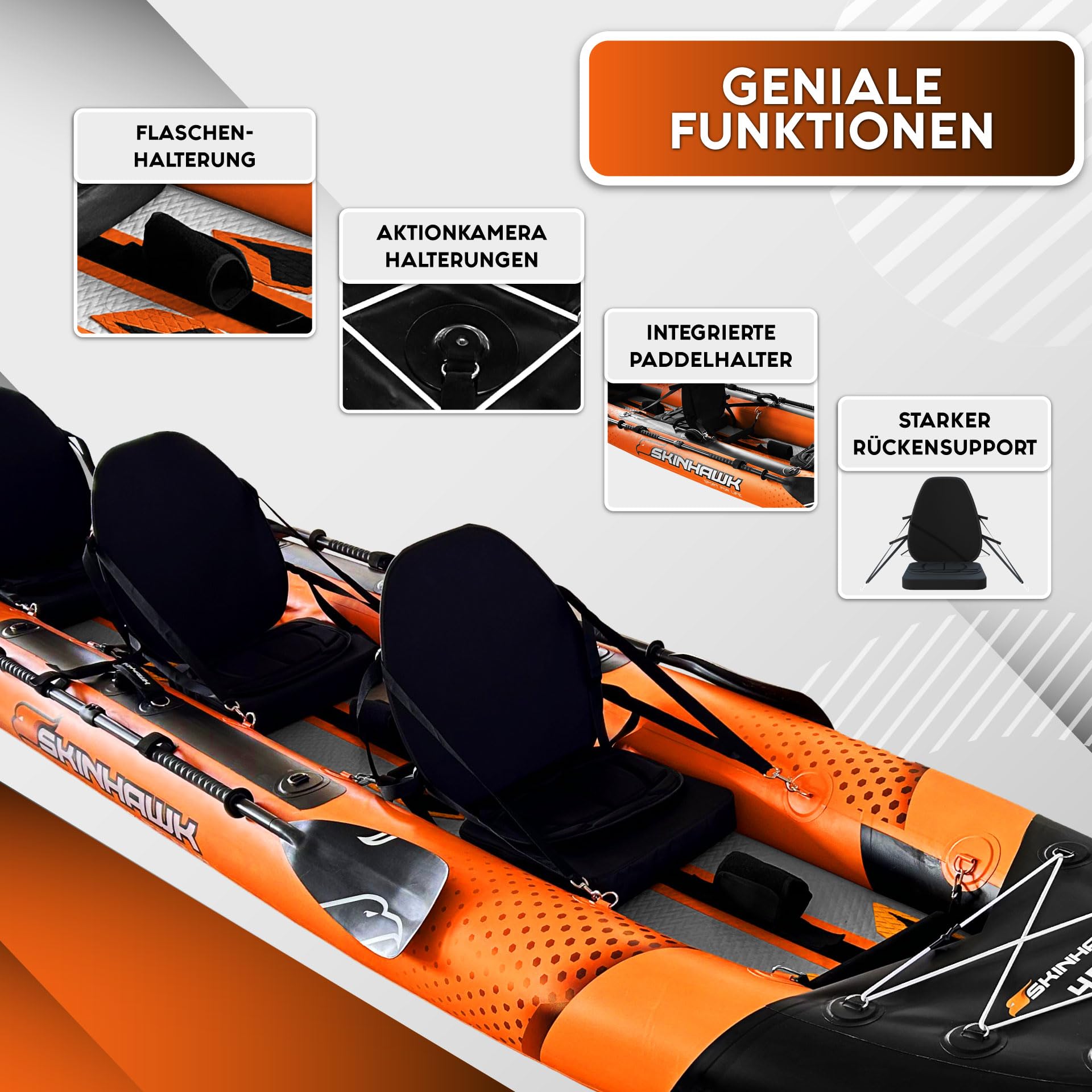SKINHAWK Exclusiv Orange Kayak Set 480 – Barco inflable – Canoa – 480 x 96 cm – Kayak para 3 personas