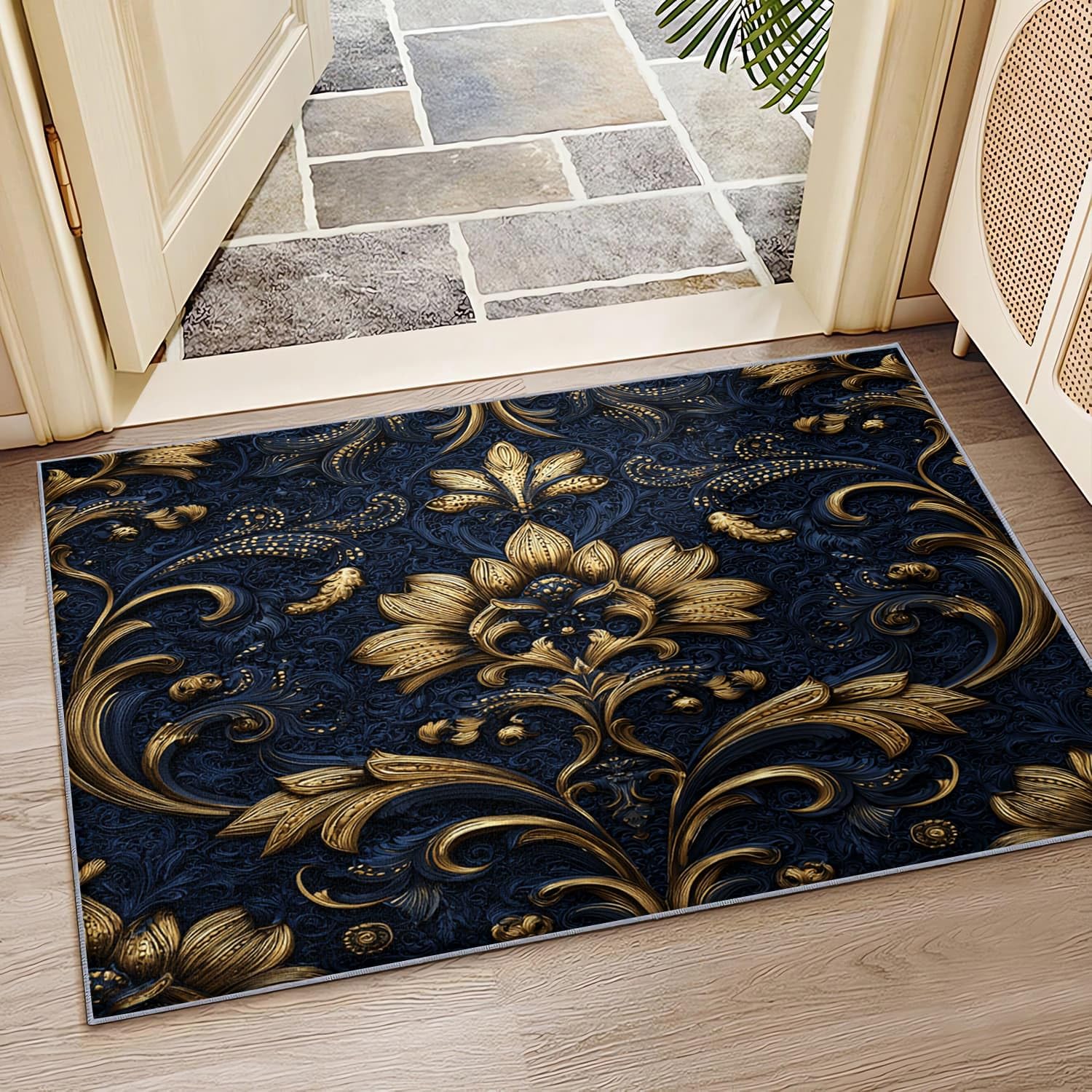 Generico Tappeto Soggiorno Moderno a Pelo Corto 140x200 cm Lavabile in Lavatrice Fiori Dorati Europei Tappeto Morbido e Antiscivolo per Camera da Letto, Ufficio e Corridoio, Blu Scuro Tappeti
