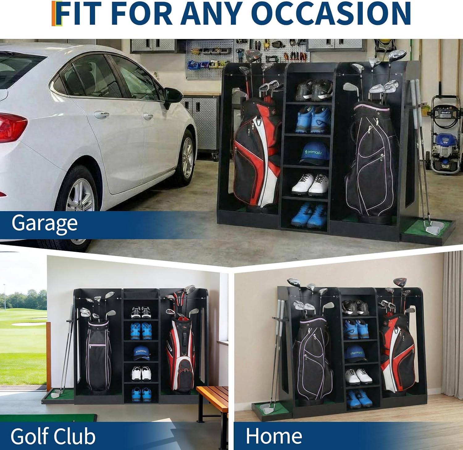 TrailBlaze Golf Bag Organizer & Storage Rack for 2 Bags – Wooden Golf Club Holder for Garage, Basement, Practice Room – Ideal Golf Equipment Organizer & Gift for Golfers, Husband, Dad