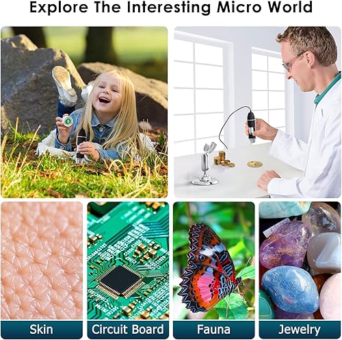 Miniatura 7 de Cámara de microscopio digital USB, cámara de inspección HD de mano con aumento de 50 x 1600x con soporte ajustable, 8 luces LED, microscopios