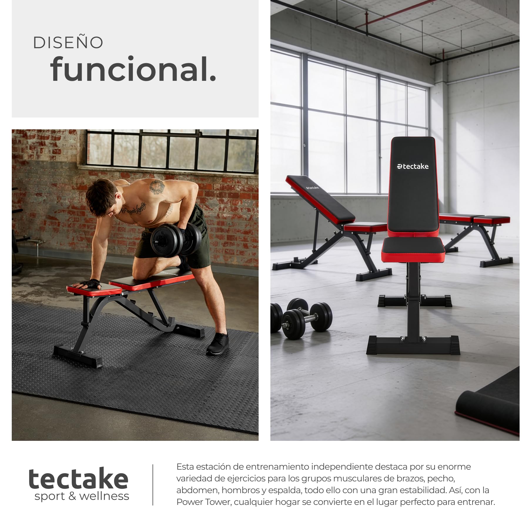 tectake® Banco Musculación Plegable Acolchado Cuero Sintético Resistente con Respaldo Ajustable, Banco de Pesas, Gimnasio en Casa, Gym en Casa, Ejercicio, Fitness, Rack Musculación - Negro/Rojo