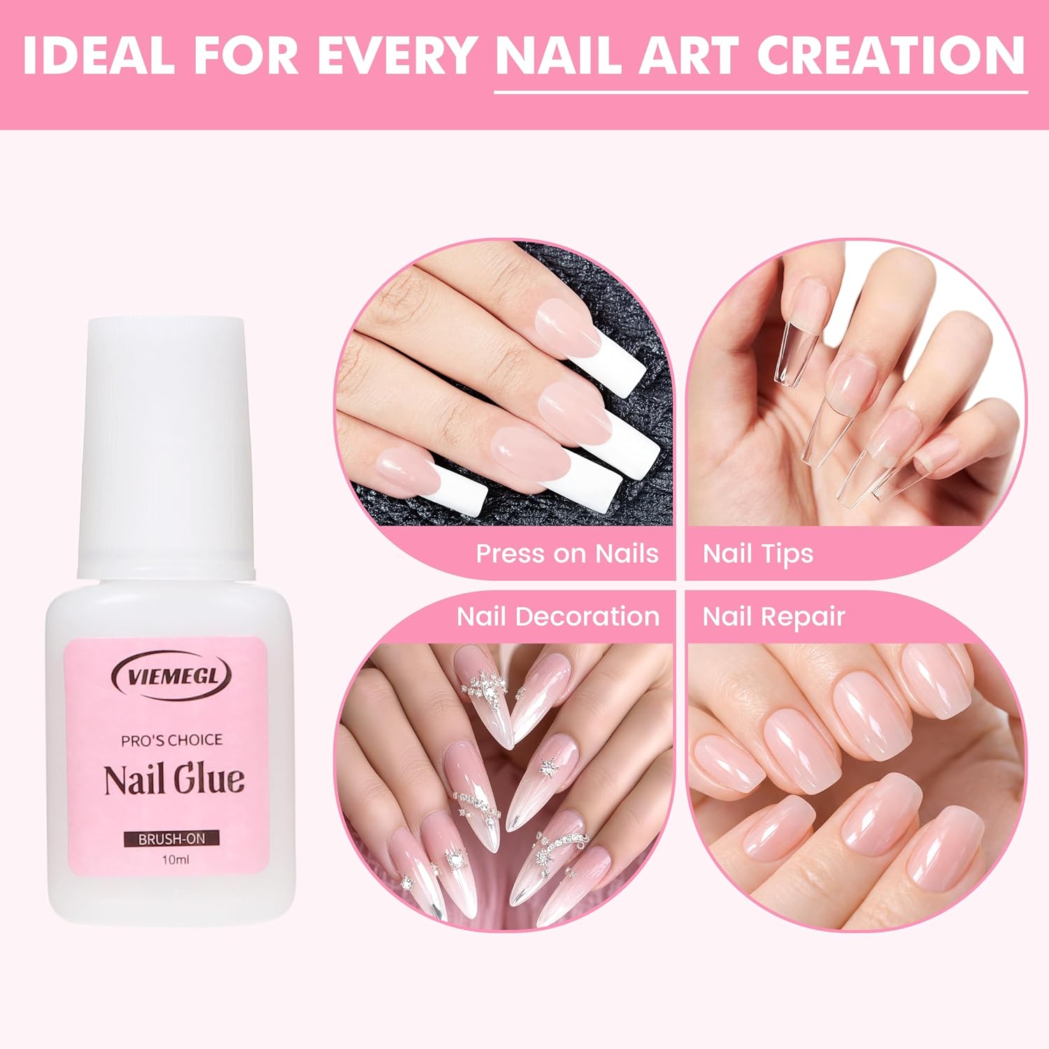 Nail Glue and Remover Kit, Super Strong Quick Dry Nail Glue with Precision Brush (10ml×2), Plus Gentle Remover (20ml×2) for Press Ons, Fake Nail Tips, Acrylic Nails, No UV Lamp Needed