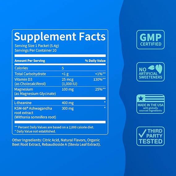 Nello Supercalm Drink Mix - Raspberry Lemonade and Tropical Tangerine Ashwagandha KSM 66, Magnesium Glycinate & L-Theanine Supplement - Focus and Relaxation Support (2 x 20 Travel Packets)