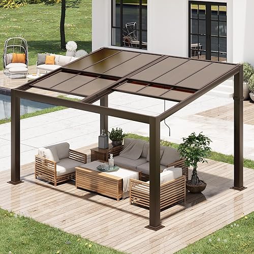 Gazebo 10’x13‘ with Adjustable Polycarbonate Roofs, All Aluminum Frame Permanent Pergola for Patio, Outdoor Freestanding Shelter, Dark Brown