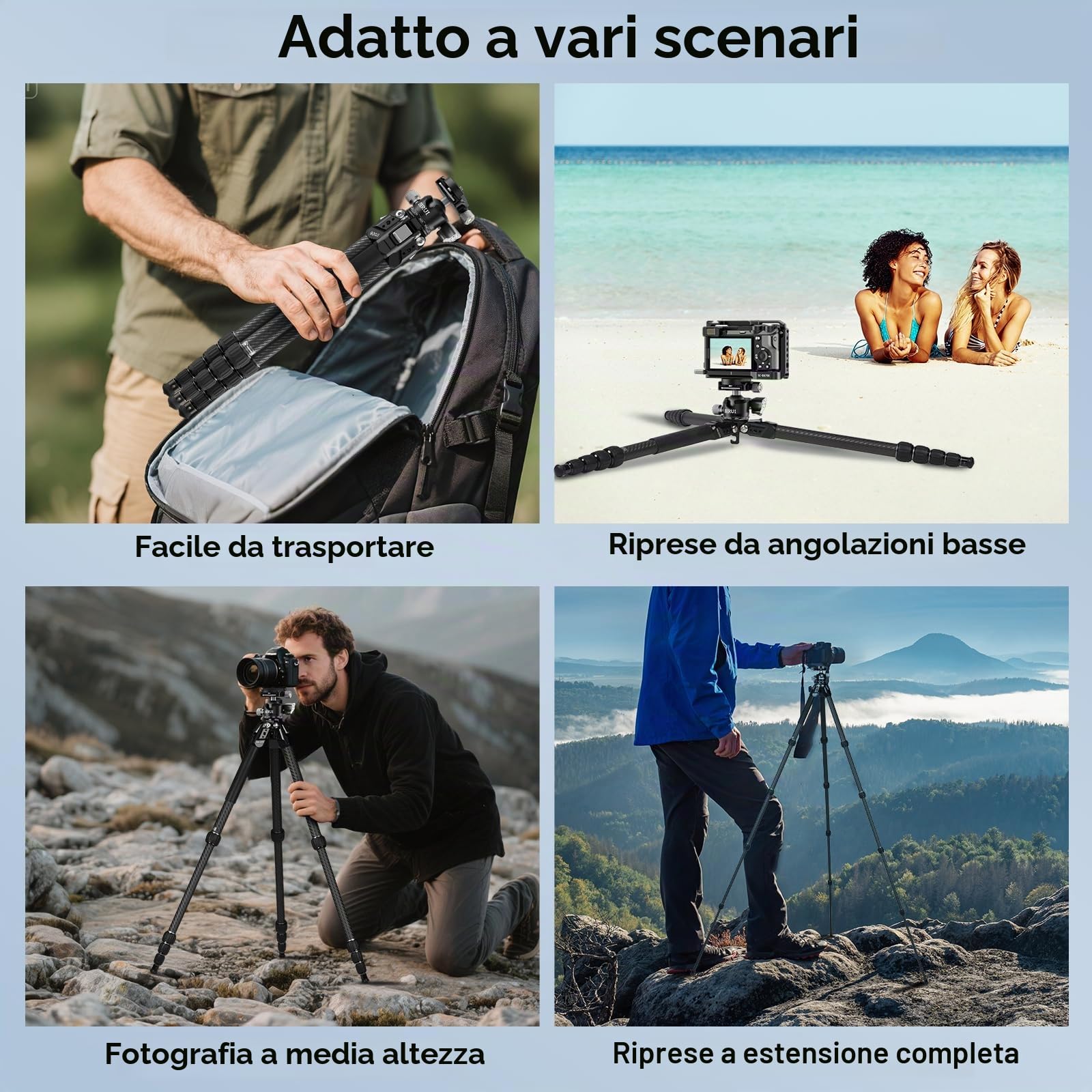 SIRUI Treppiede da Viaggio in Fibra di Carbonio, 127cm Treppiede Compatto e Leggero con 360° Testa a Sfera a Basso Profilo con Piastra a Sgancio Rapido per Arca, Carico Fino a 6kg, AM-225S+G0