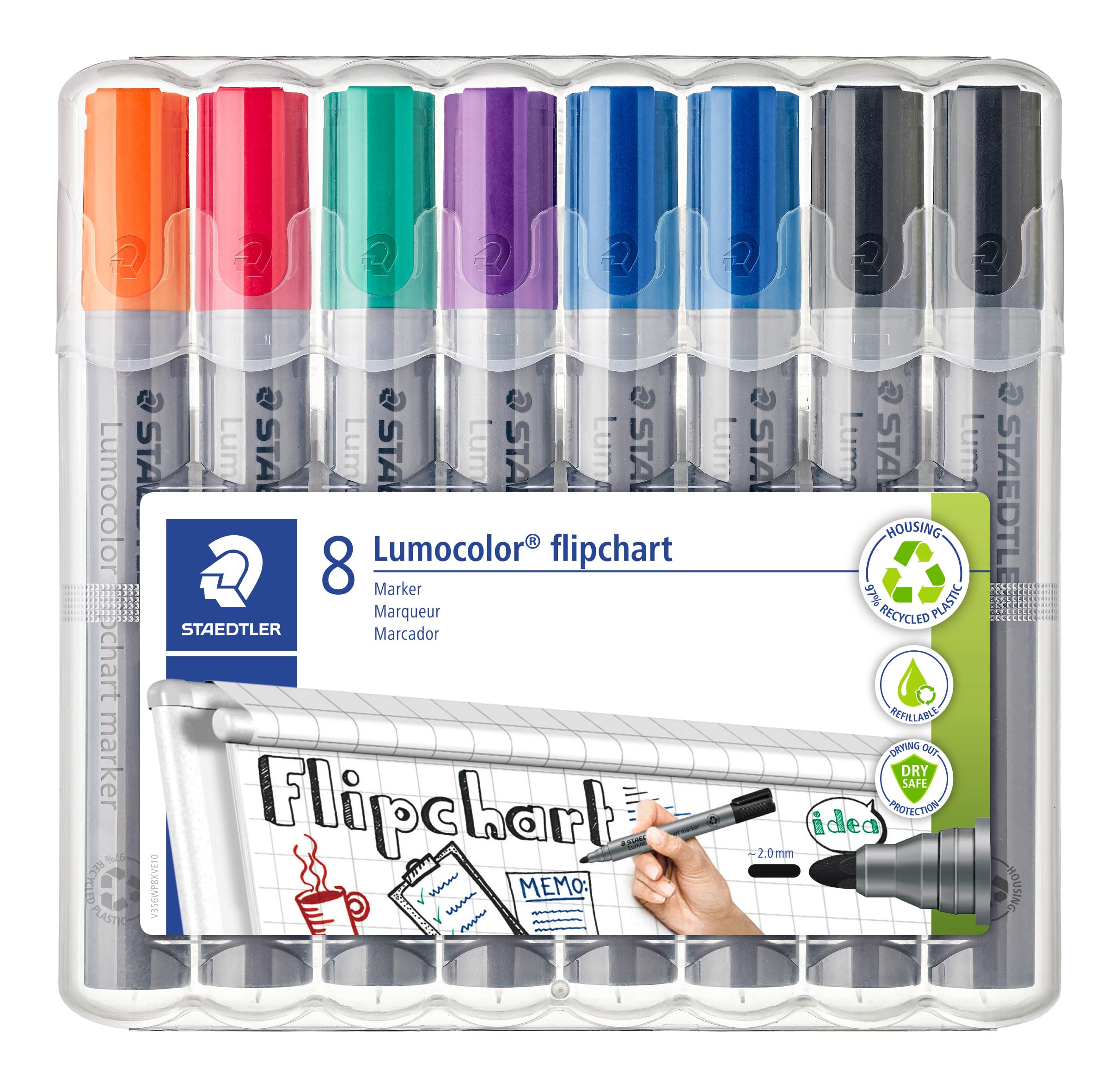 STAEDTLER Lumocolor 356 WP8X - Rotulador para rotafolio (punta redonda de aprox. 2 mm de ancho del trazo, juego de 8 rotuladores, ideal para blocs de rotafolio, color intenso, sin olor,)