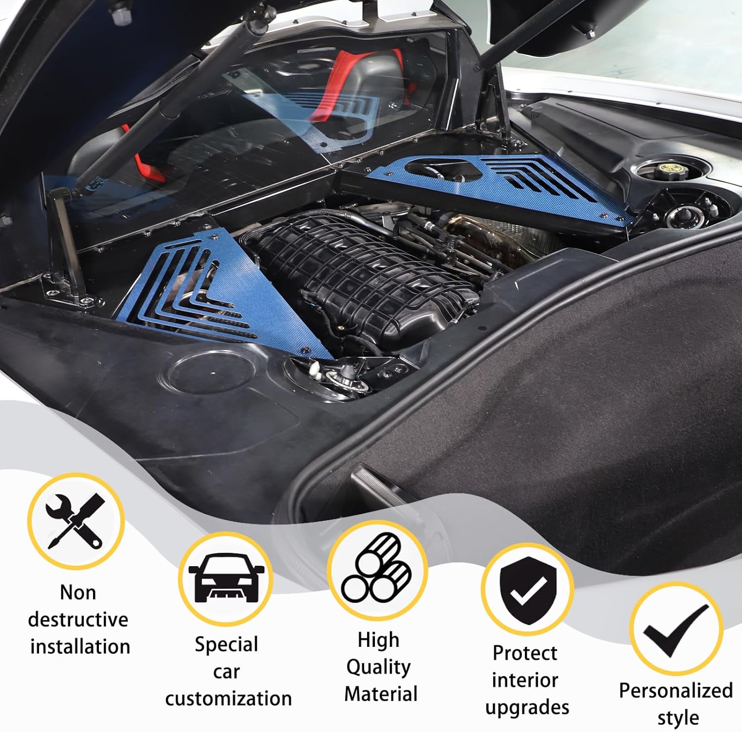 100% Real Carbon Fiber Engine Bay Panel Cover Compatible with Chevrolet Corvette C8 2020-2023, Rear Engine Covers Left Right Engine Case Guards Protector Splash Shield, C8 Accessories 2PCS (Blue)