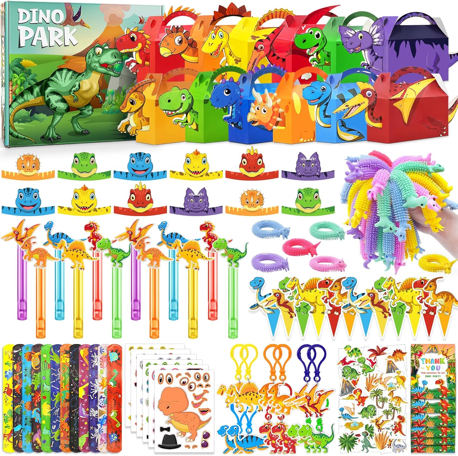 12 Pack Dinosaur Birthday Party Favors Decorations Supplies for Kids, Dino Theme Goodie Bags Fillers with Silicone Fidget Stretch Toys, 3D Dino Boxes, Bubble Wands, Hats, Slap Bracelets, Stickers