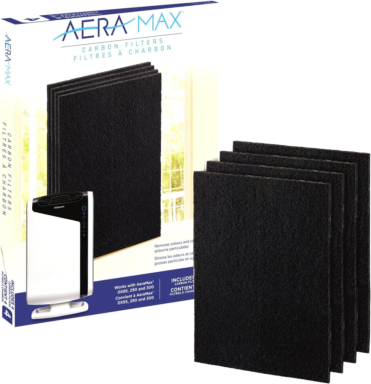 Fellowes Carbon Filters for AeraMax Air Purifiers - 4 Pack (9324201),Black, 16.1" x 12.4" x 0.2"