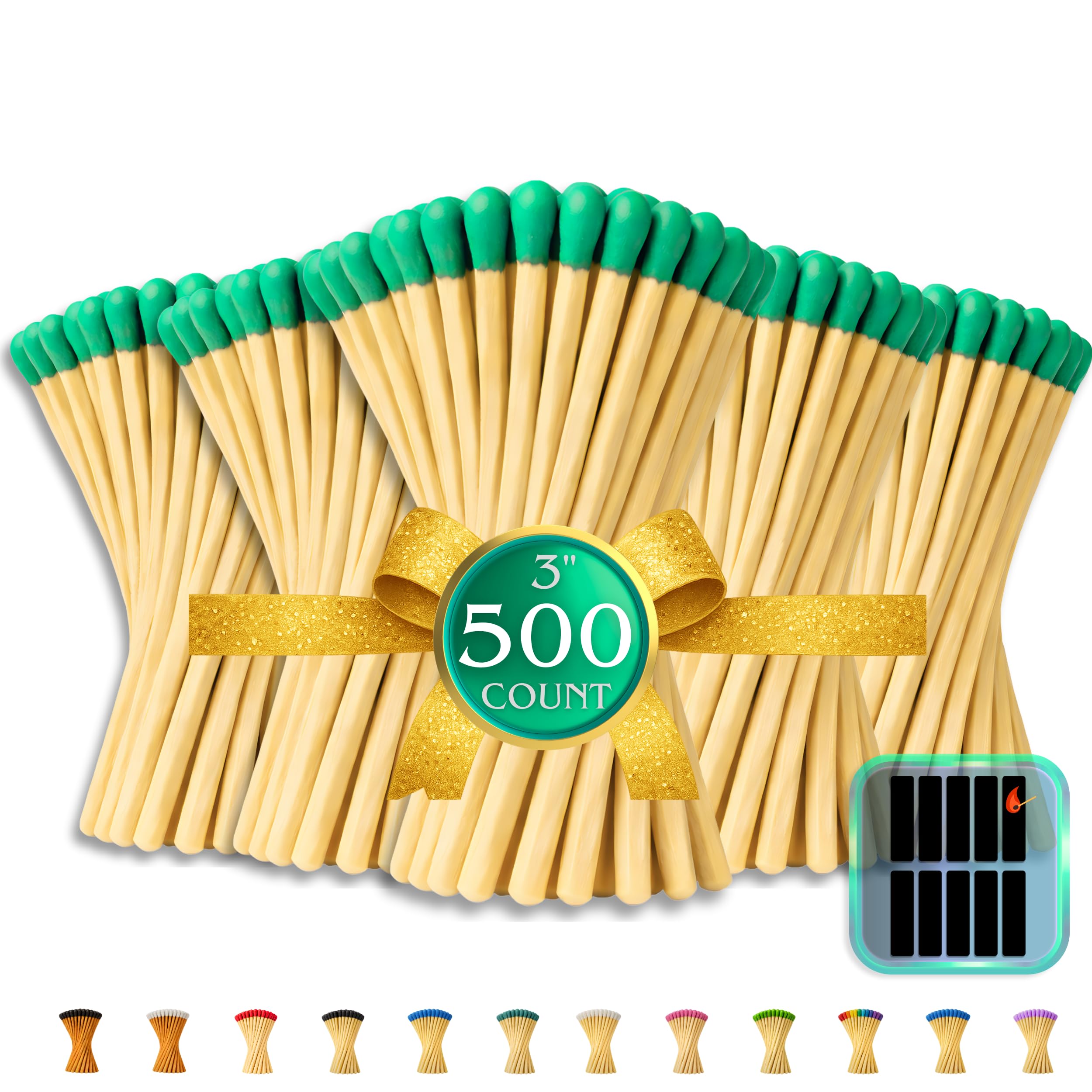 500 Count - 3" Long Teal Color Matches | Three Inch Coloful Loose Wooden Safety Match Sticks for Candle Display | Refill Decorative Jar Holder Bottle | Striker Included