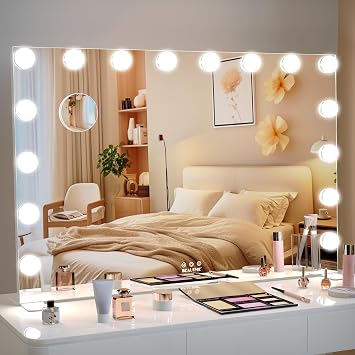 BEAUTME Vanity Mirror with Lights, Hollywood Mirror with Light, Light Up Mirror with Smart Touch 3 Colors Dimmable, for Tabletop/Makeup Desk, 91.161.6cm, White