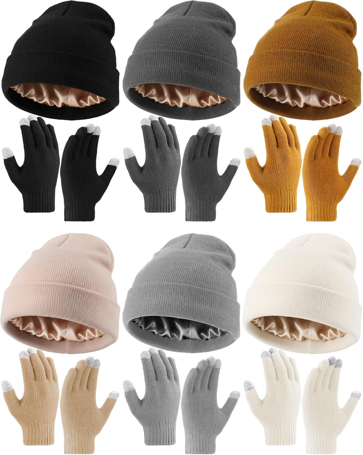 12 Pcs Women Beanie Hat Gloves Set Stain Lined Hats Fleece Hats Touchscreen Gloves Knit Mittens for Men Adult Cold Weather