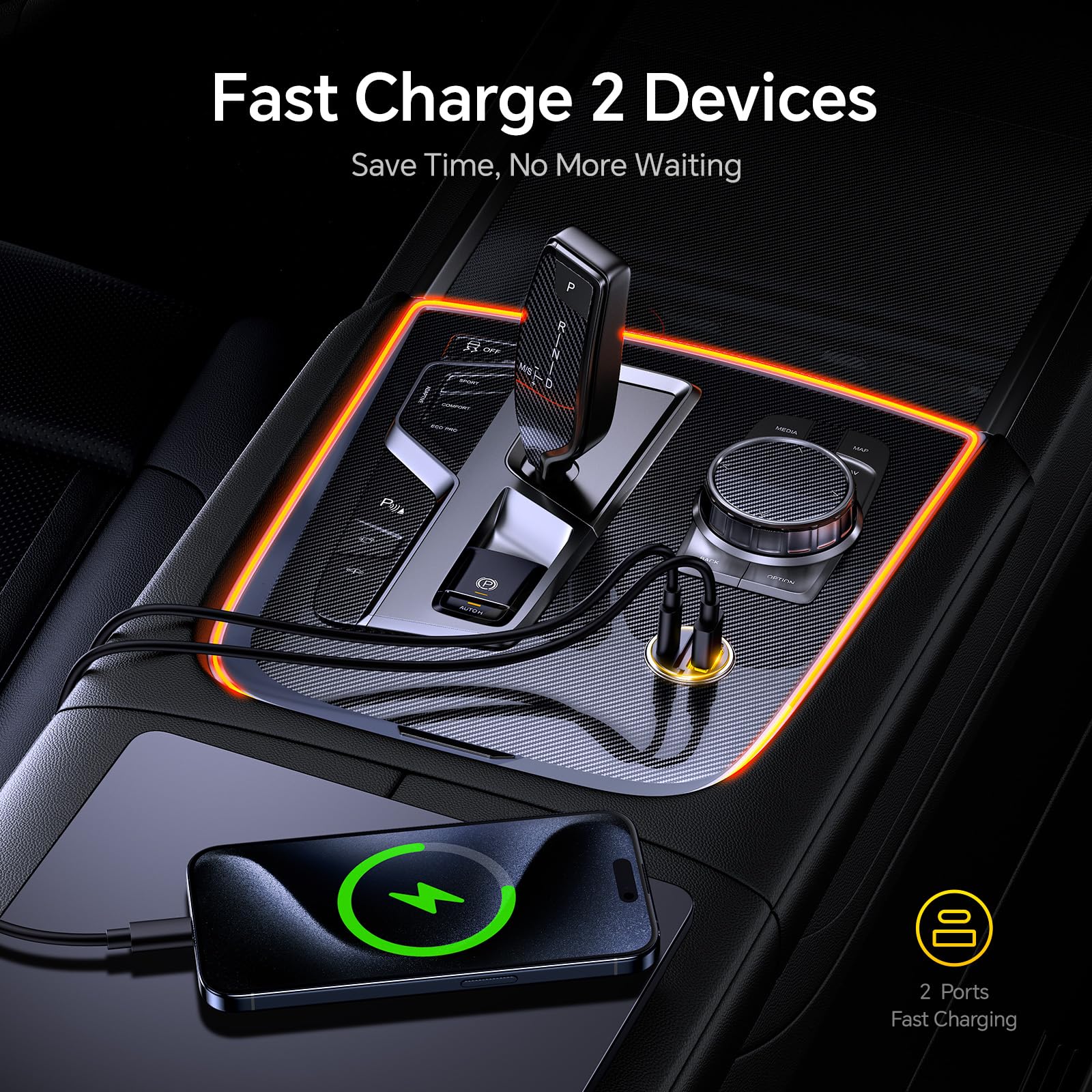 AOHI Cargador de coche USB C, PD 45W y QC 30W 2 puertos tipo C, cargador de coche de carga rápida para MacBook Pro/Air, iPhone 17/16/15Series, Galaxy S24/S23, iPad Pro, AirPods y más