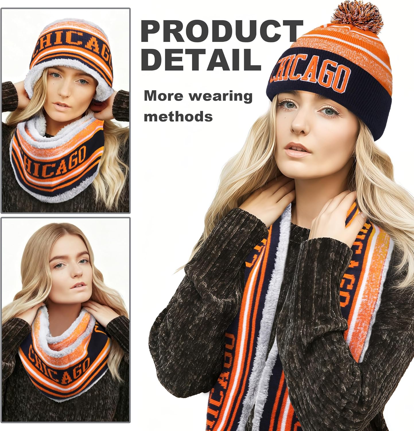 Winter Beanie Hat Circle Scarf Set, Warm Football Knit Beanie Hat - Image 4