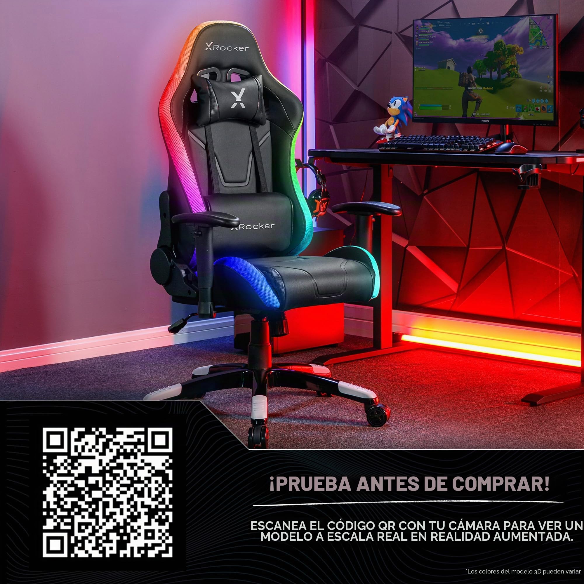 X-Rocker Agility RGB - Silla de computadora de carreras con luces para niños y jóvenes, silla de oficina giratoria ergonómica con respaldo alto, reposacabezas y cojín de apoyo lumbar, altura ajustable