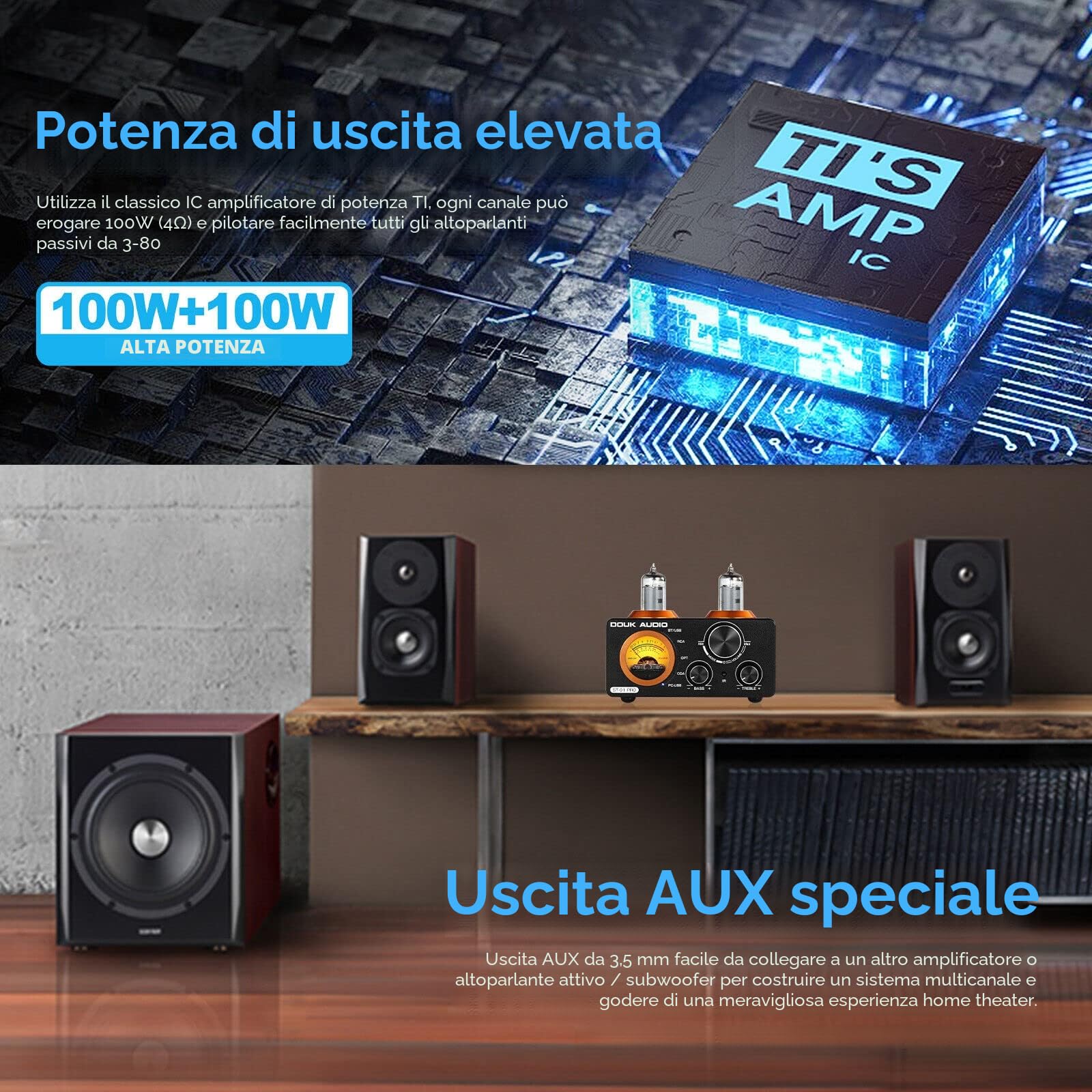 Douk Audio ST-01 PRO, amplificatore HiFi, 200W mini amplificatore a valvole con Bluetooth 5.0, misuratore VU, USB DAC, ingresso coassiale/ottico (ST-01PRO)