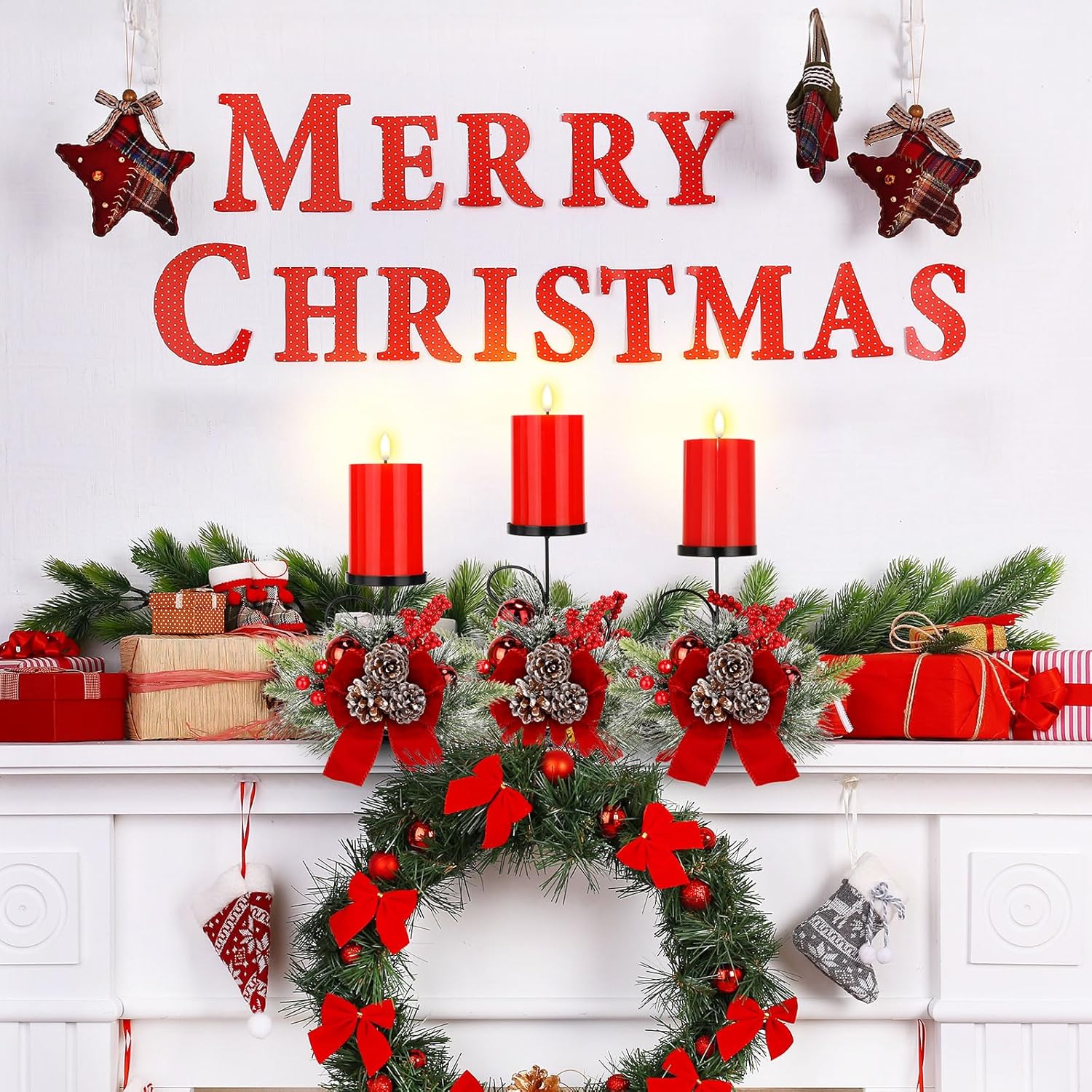 Yunlly Set of 3 Christmas Candle Holder Centerpiece with 3 Candle LED Battery Operated Pine Cone Ball Artificial Xmas Table Decorations Base Candelabrum for Dining Room Mantle Kitchen Indoor Home