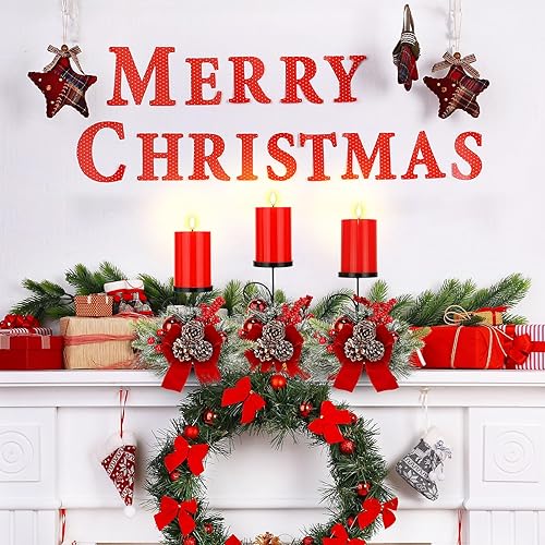 Miniatura 5 de Yunlly Juego de 3 candelabros de centro de mesa de Navidad con velas sin llama, candelabro adornado con bola de Navidad para Navidad, fiesta