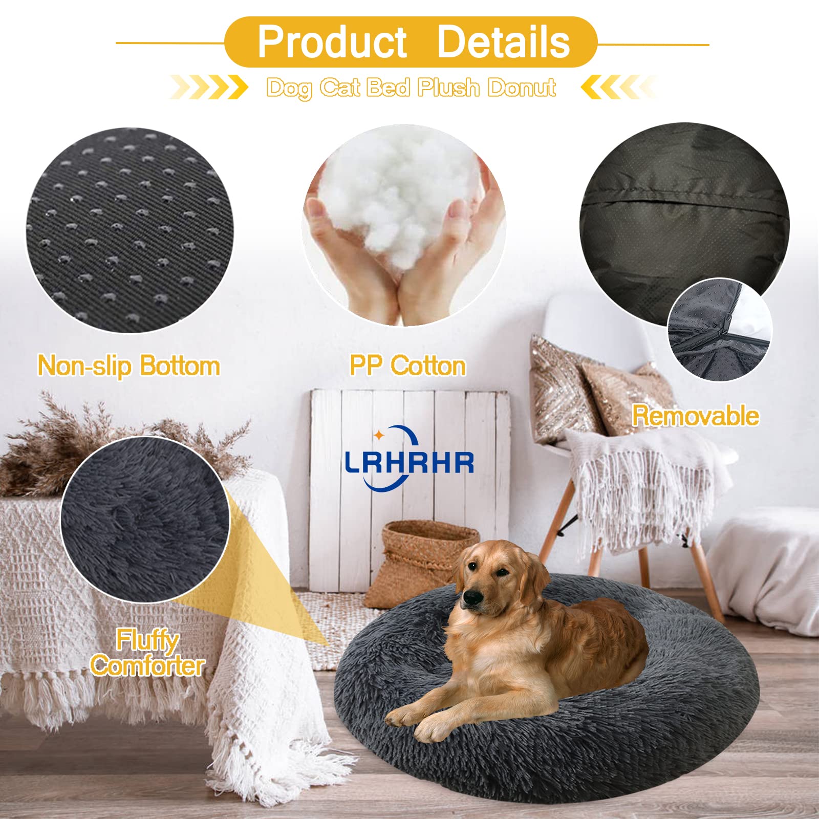 Cuccia per Gatti Letto per Cani Rotondo, Peluche Ciambella per Animali con Fondo Antiscivolo, Lavabile Cuccia Antistress Cane Gatto- Dark Gray||Ø90cm/35in
