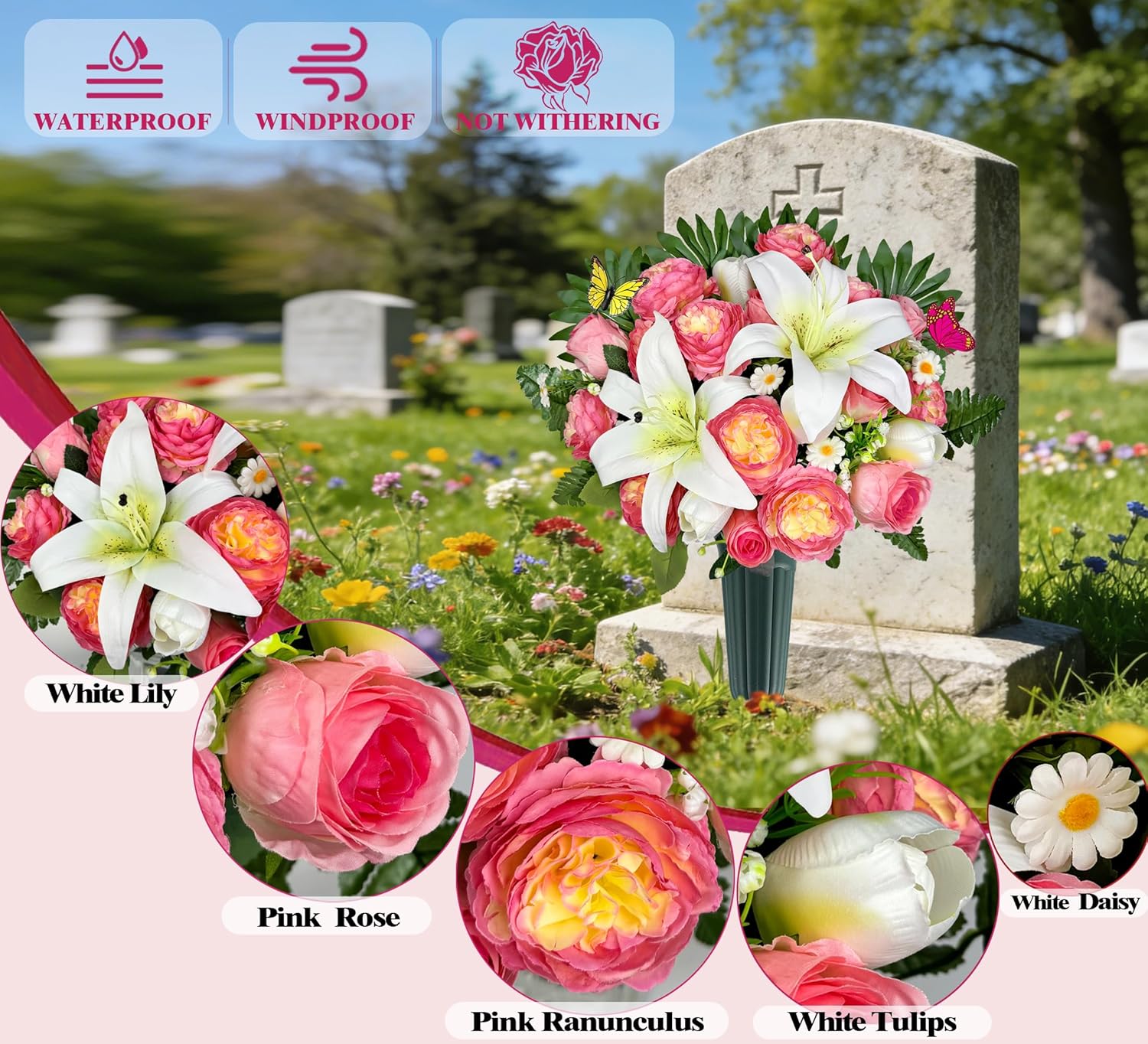 MUVIC Artificial Cemetery Flowers for Outdoor Grave Decorations，Memorial Flower- Realistic Lily Rose Daisy - Sympathy Bouquet
