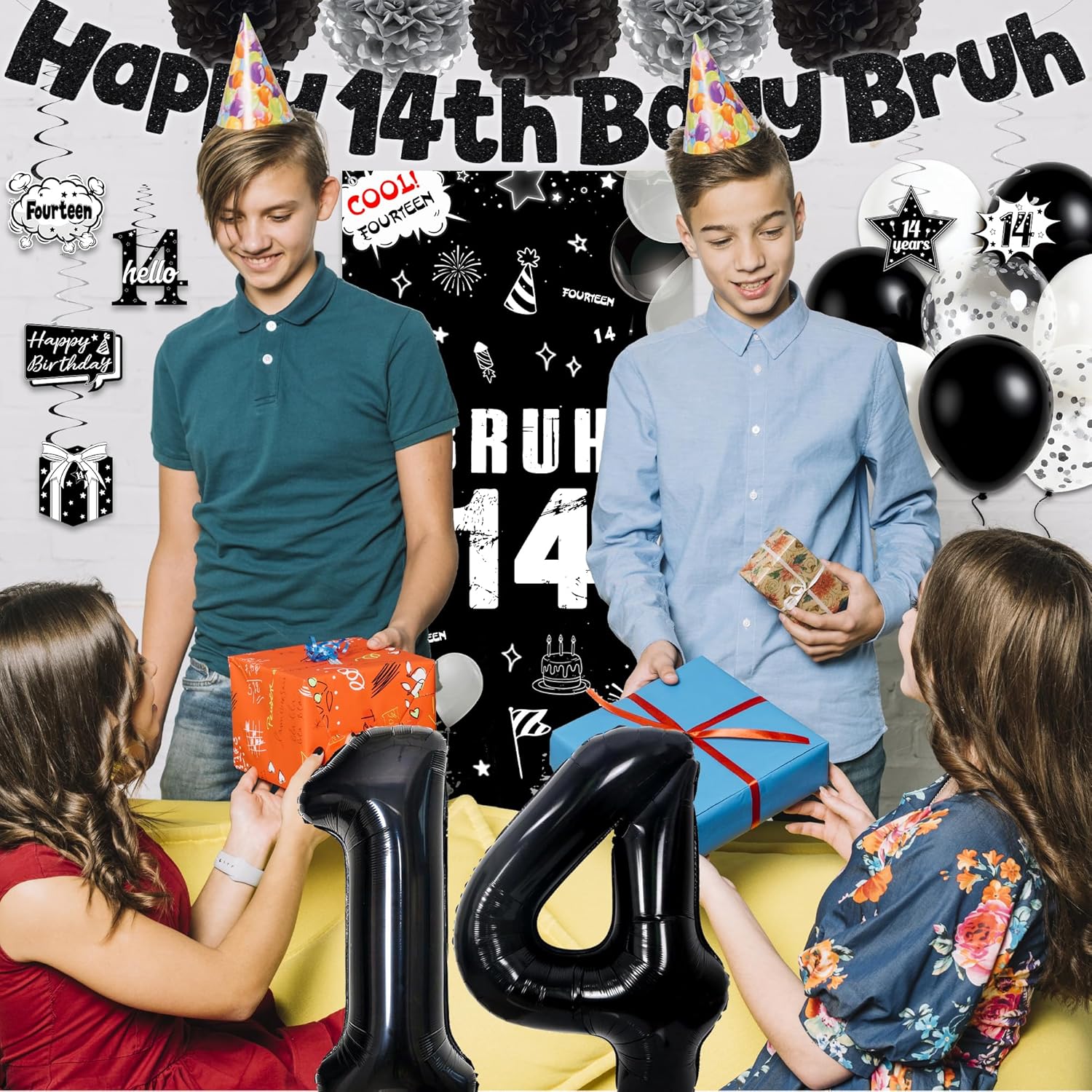Black 14th Birthday Party Decorations - Happy 14th Bday Bruh Decoration Banner with Door Banner Hanging Swirls Balloons Cake Topper, Bruh I‘m 14 Fourteen Years Old Birthday Party Supplies for Boys