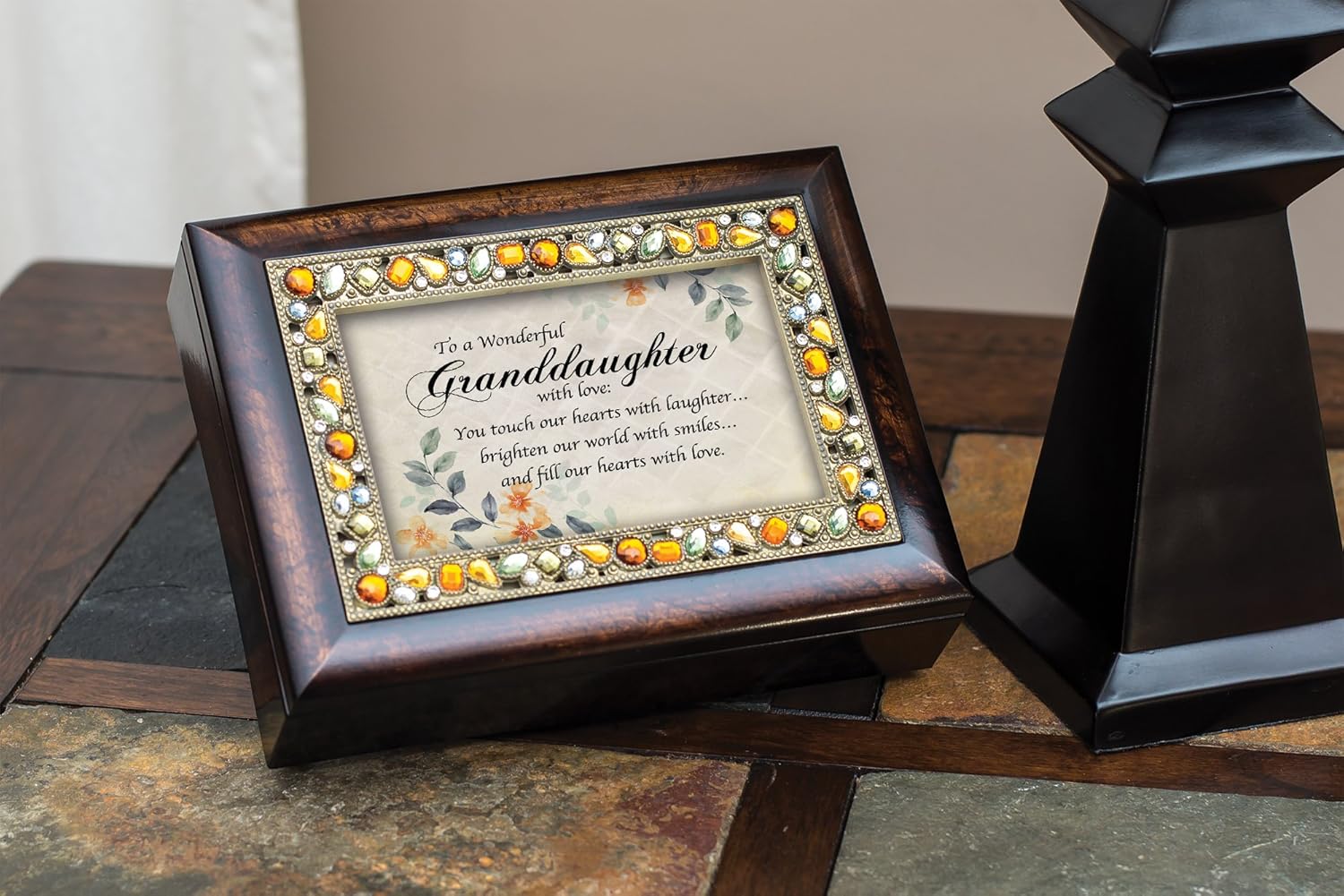Cottage Garden Granddaughter World with Love Jeweled Amber Earth Tones Keepsake Music Box Plays You are My Sunshine