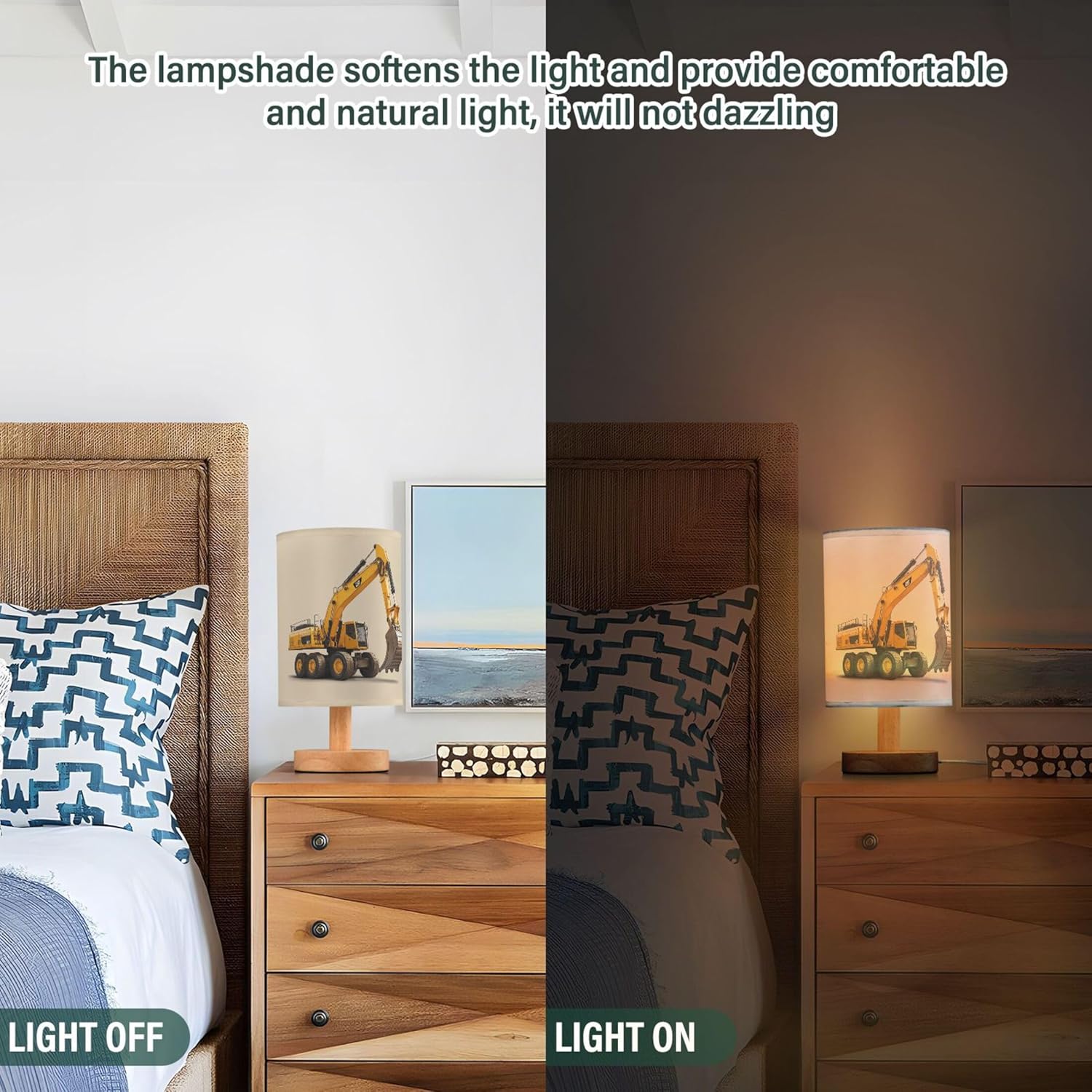 Table Lamp Construction Car Excavator Nightstand Lamp with Wood Base Fabric Lamp Shade Bedside Desk Lamp for Living Room Bedroom Kids Room Office