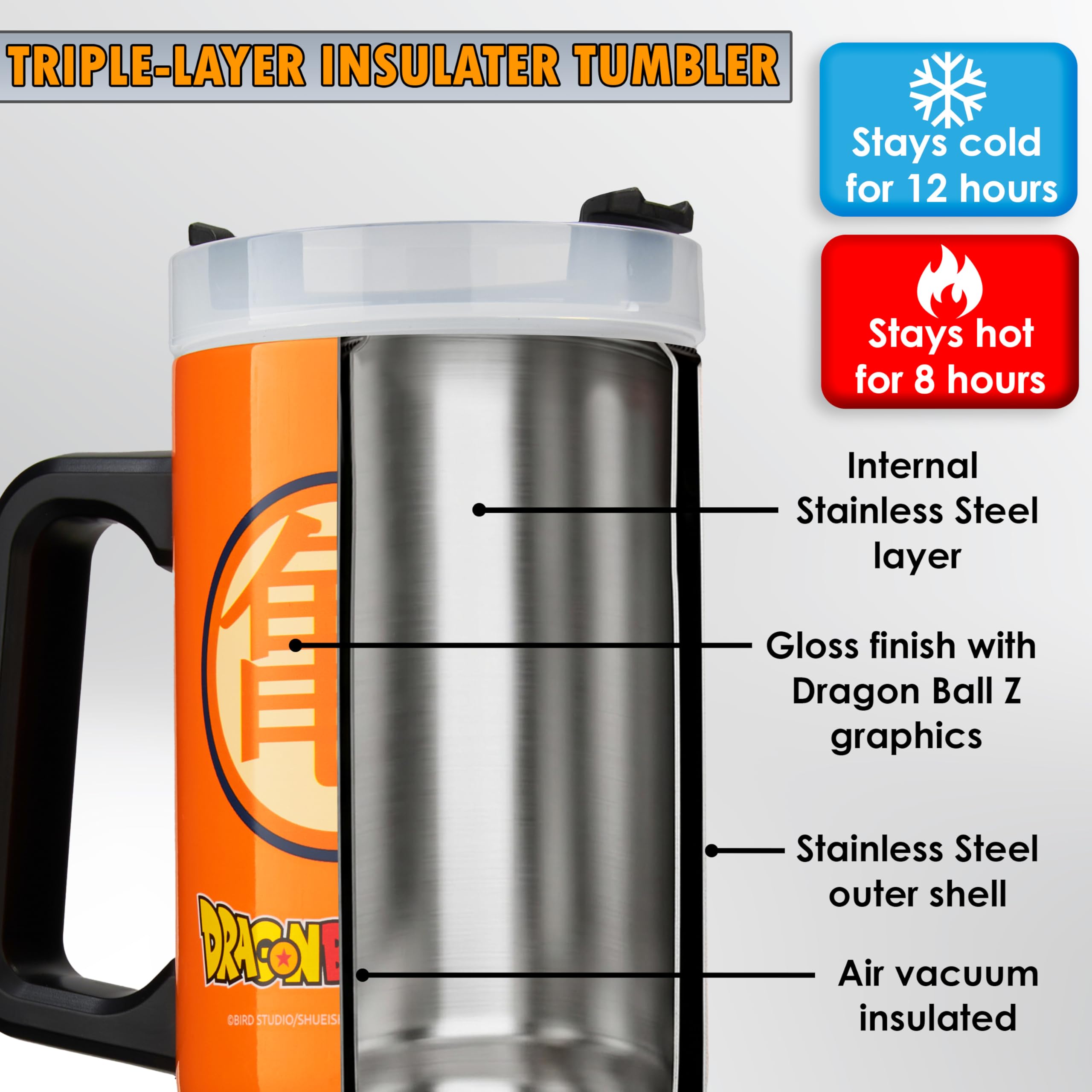 Get Trend Dragon Ball Z Tazza Termica con Manico e Cannuccia 920ml, Borraccia Termica Acciaio Inox a Doppia Parete Senza BPA, 42H Ghiaccio, 12H Freddo e 8H Caldo, Anti Perdita (Arancione Dragon Ball)
