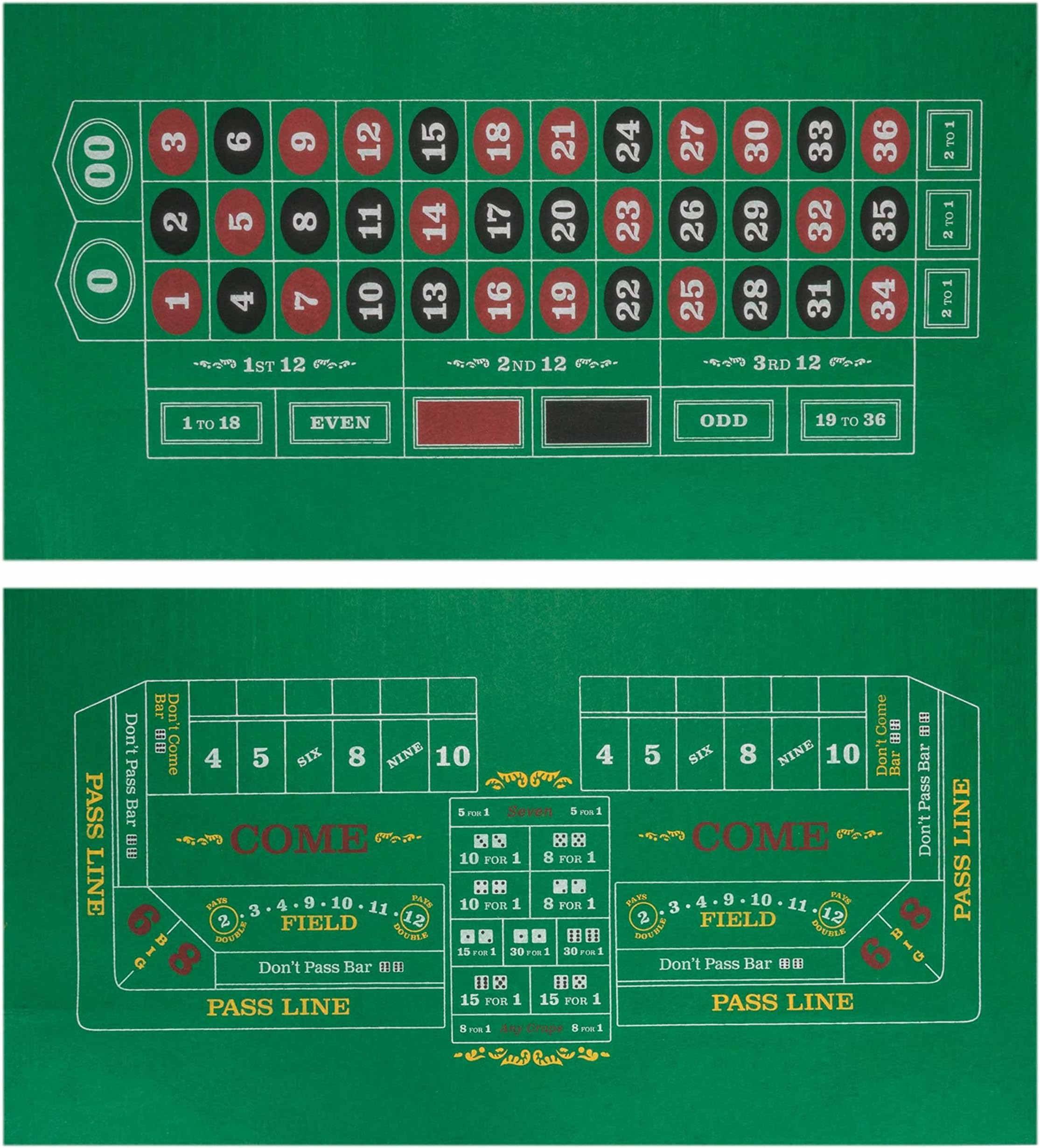 Double-Sided Craps Table & Roulette Casino Felt | Convenient, Space-Saving 36" x 18" Roll-up Casino Gambling Tabletop Mat | Smooth 2mm Mini-Felt for Coffee Table Texas Hold 'Em & Blackjack