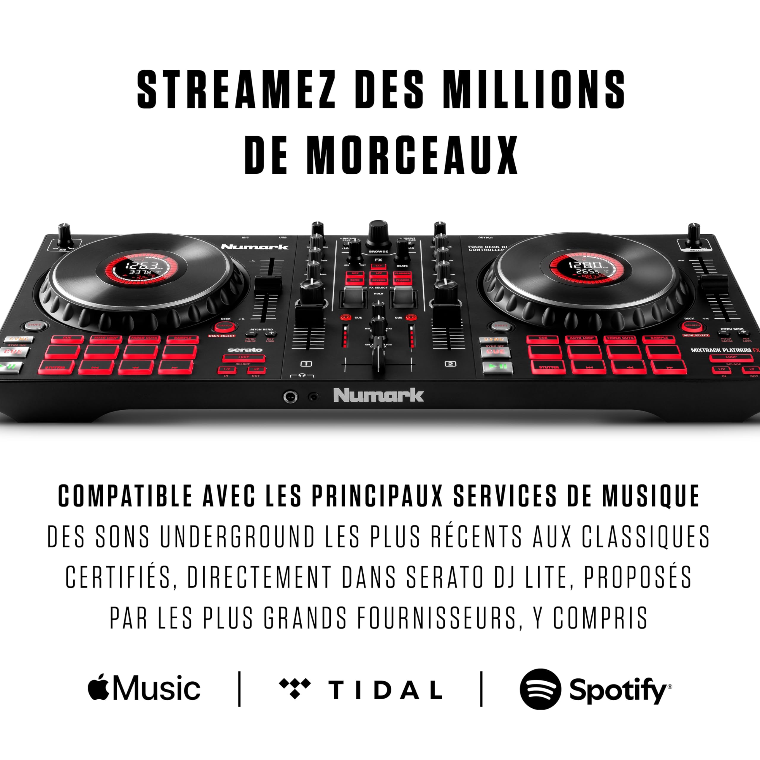 Numark Mixtrack Platinum FX - Contrôleur DJ 4 decks, table de mixage, carte son intégrée, platines DJ tactiles avec écran et large palette d'effets