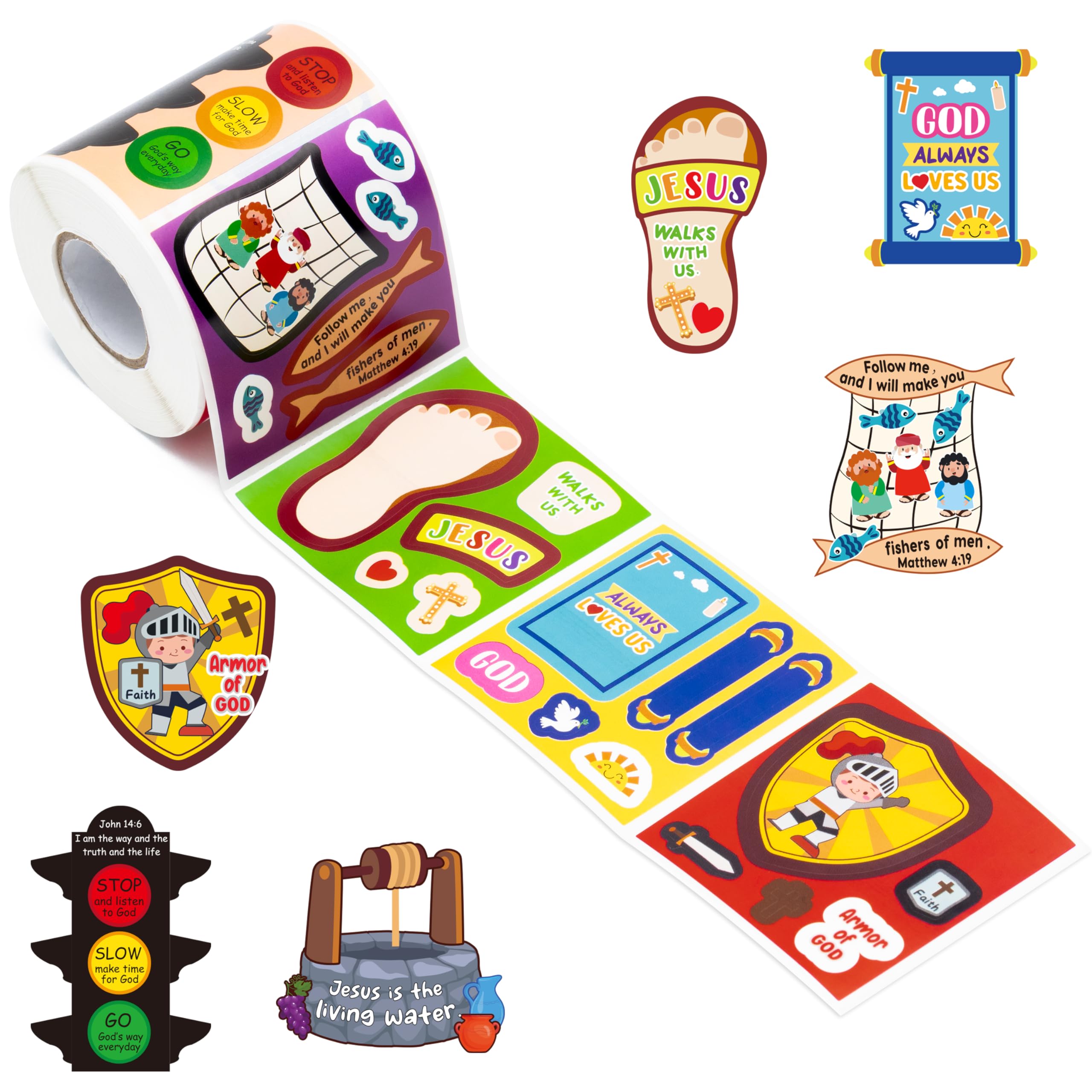 Haooryx300pcs Christian Religious Theme DIY Scene Sticker Roll, Make Your Own Religious Sticker Decals Cartoon Mix and Match Armor of God Bible Verse Stickers for Sunday School Church VBS Supplies