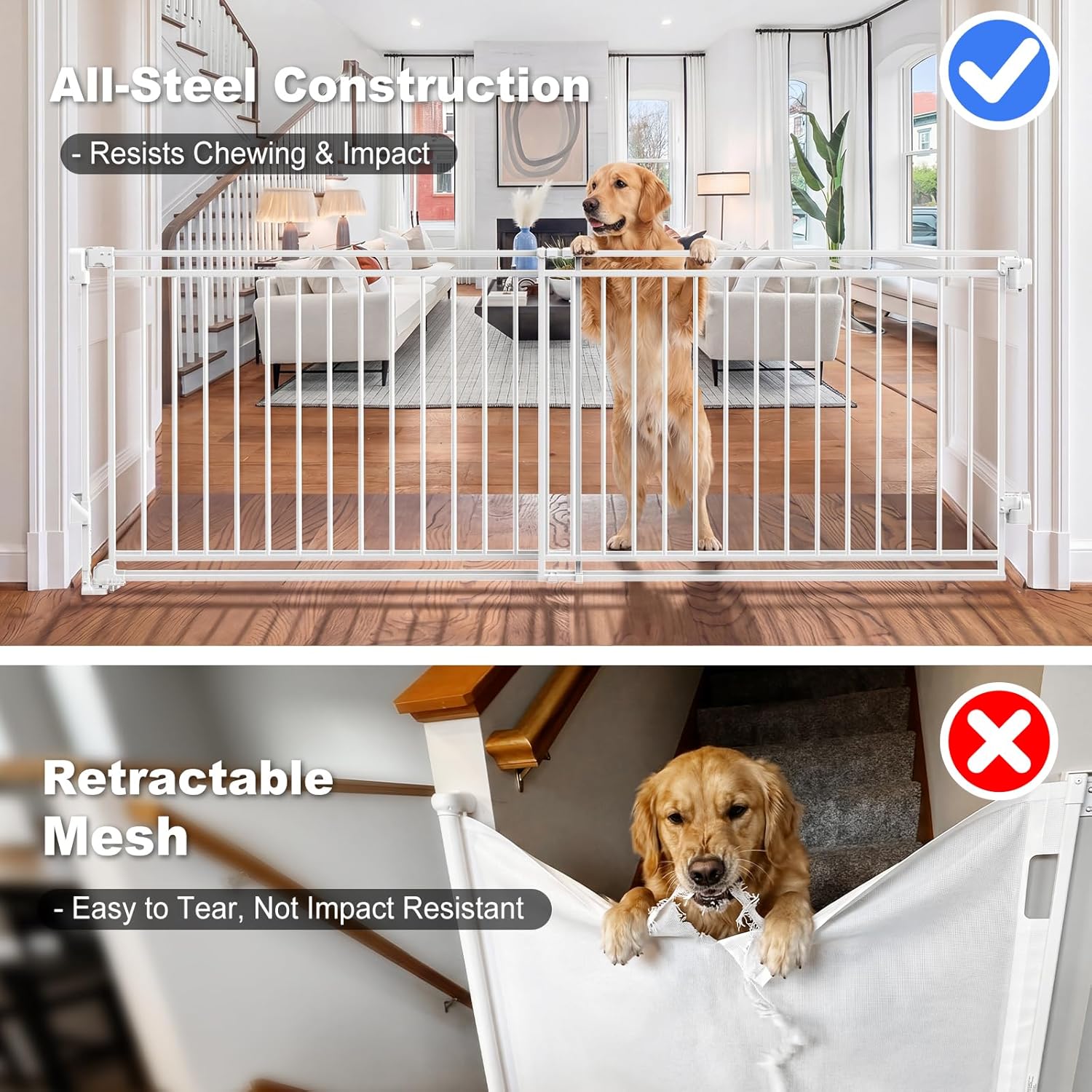 Betertek 45-80" Extra Wide Baby Gate for Large Openings-No Bottom Bar&Extra Wide Walk Thru Door, Heavy Duty Chew&Impact Resistant Safety Dog Gate, Hardware Mount (Drill Required) Indoor Pet Gate