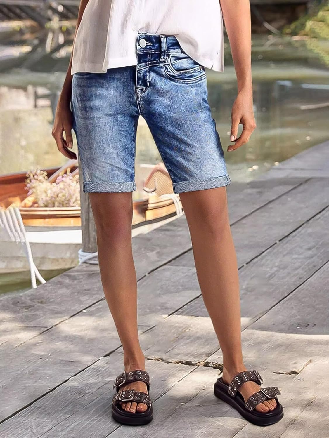 Flamingals Bermuda Shorts for Women Knee Length Mid Rise Stretchy Denim Shorts Roll Hem Casual Boyfriend 90s Summer Jorts - Image 3